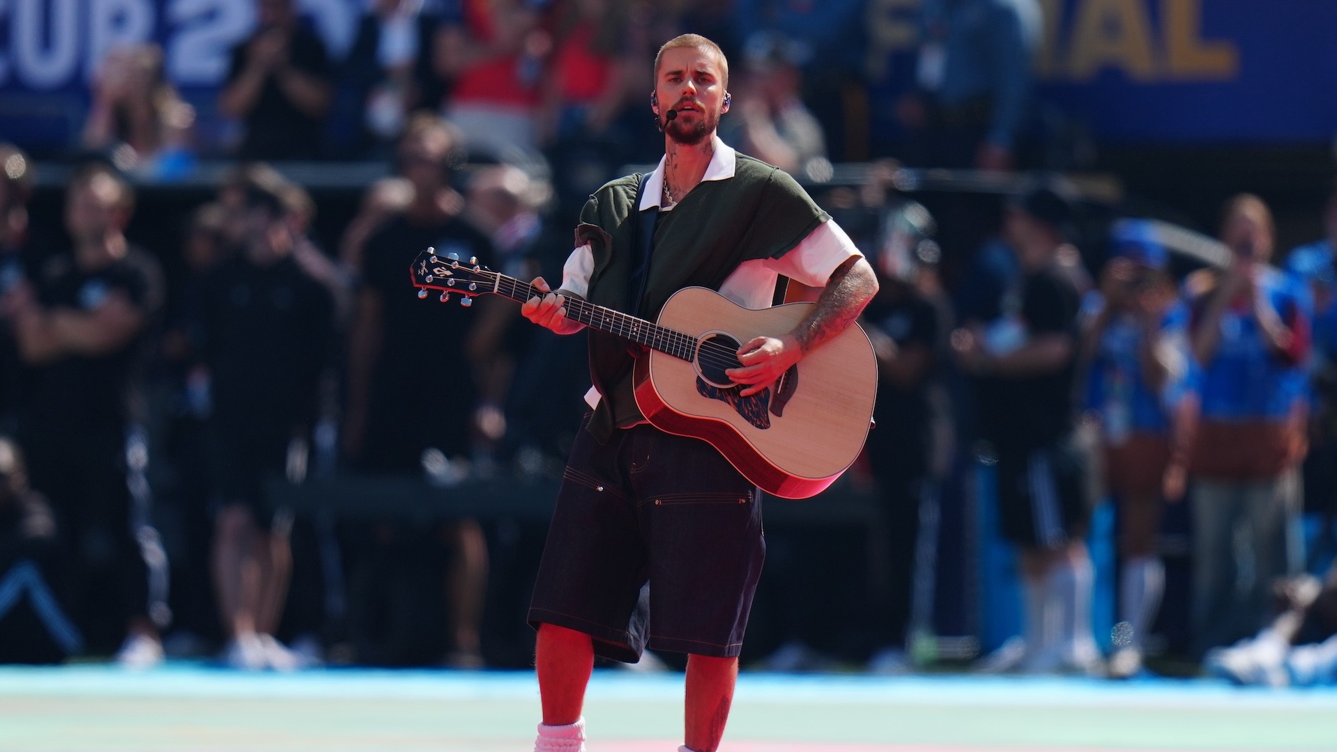Justin Bieber performs during the halftime show of the final match between Spain and Argentina at the 2026 FIFA World Cup at the New York New Jersey Stadium, the United States, July 19, 2026. 