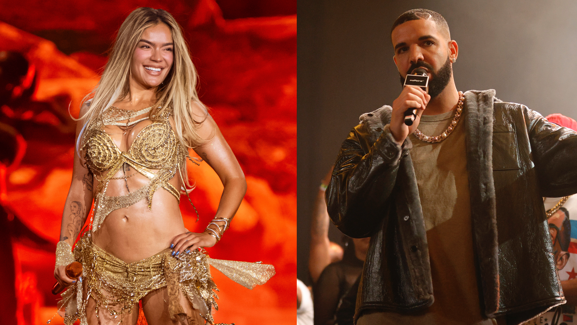(L-R) Karol G and Drake.