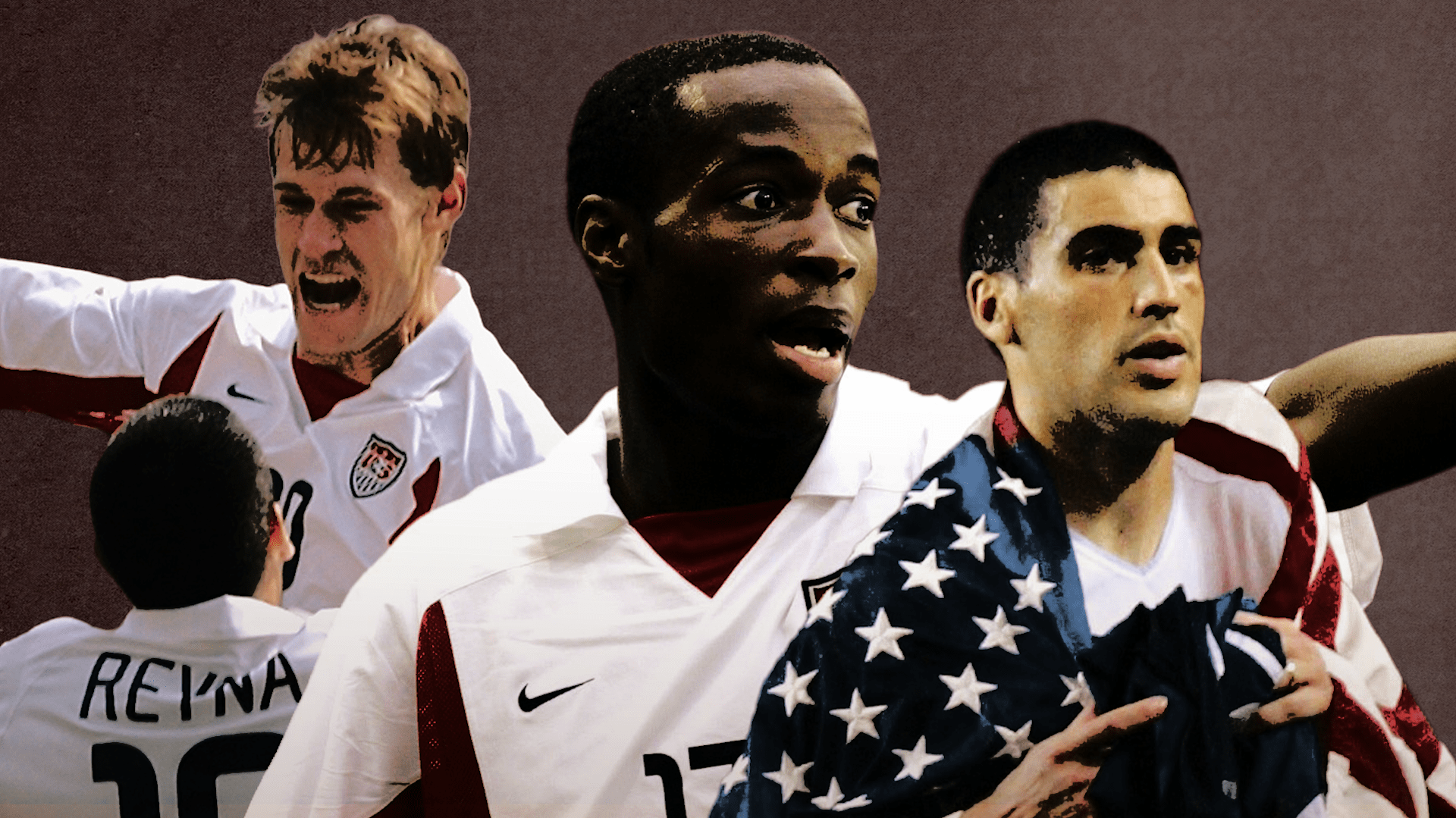 DeMarcus Beasley, Brian McBride, and Claudio Reyna celebrate during the 2002 World Cup. 