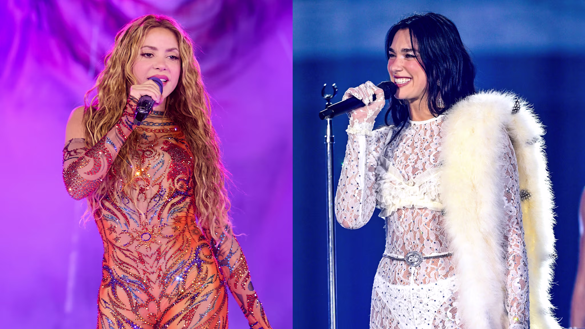 Split image. Left: Shakira performs in a colorful bodysuit. Right: Dua Lipa performs in a white lace outfit with a fur stole.