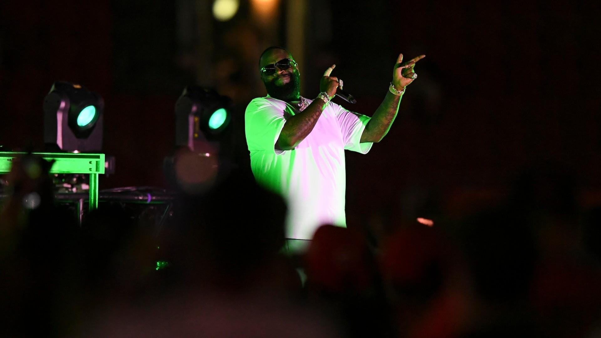 CINCINNATI, OHIO - AUGUST 14: Rapper Rick Ross performs a post game concert after a game between the Cincinnati Reds and the Miami Marlins at Great American Ball Park on August 14, 2026 in Cincinnati, Ohio.