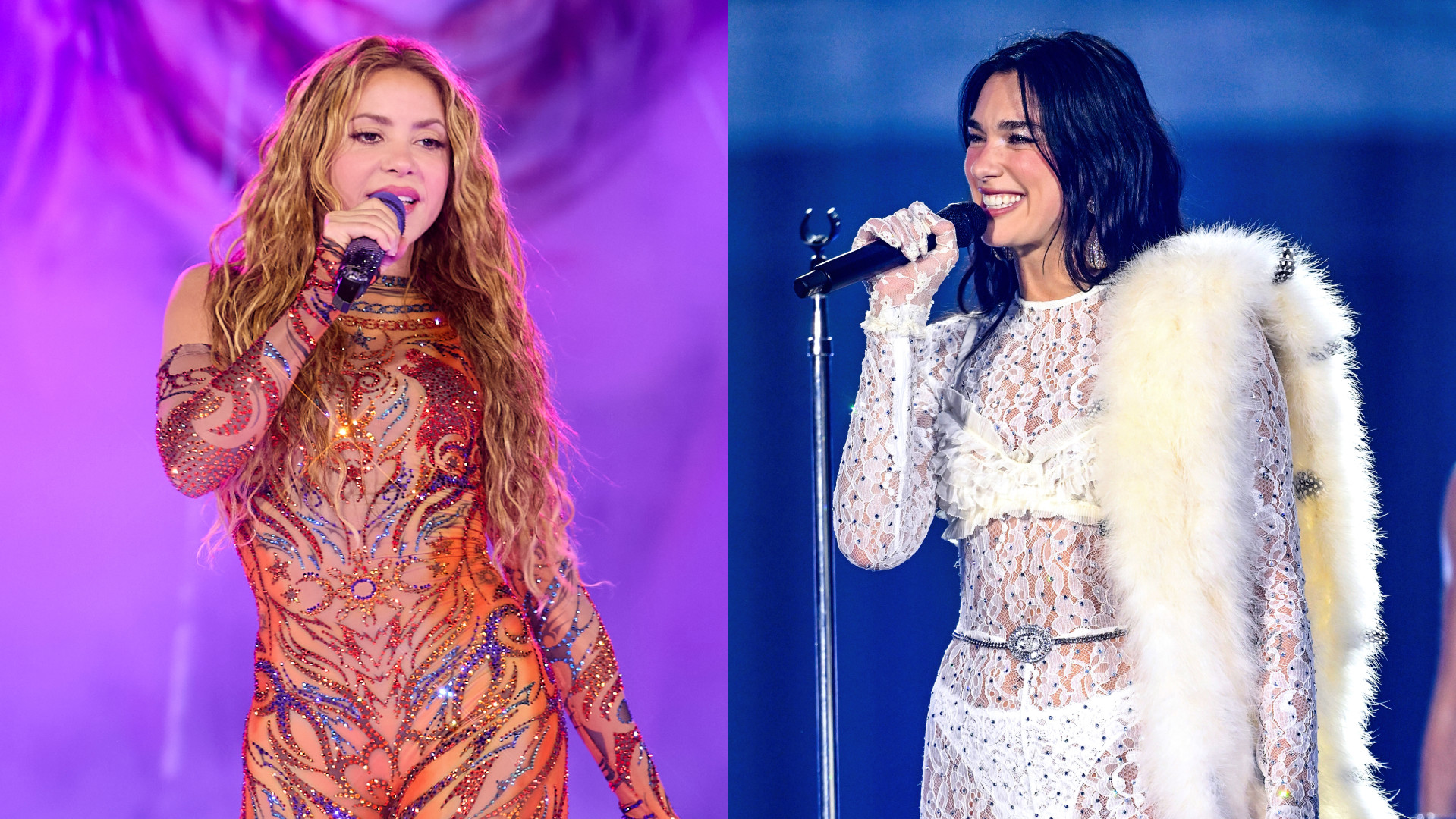 Split image. Left: Shakira performs in a colorful bodysuit. Right: Dua Lipa performs in a white lace outfit with a fur stole.