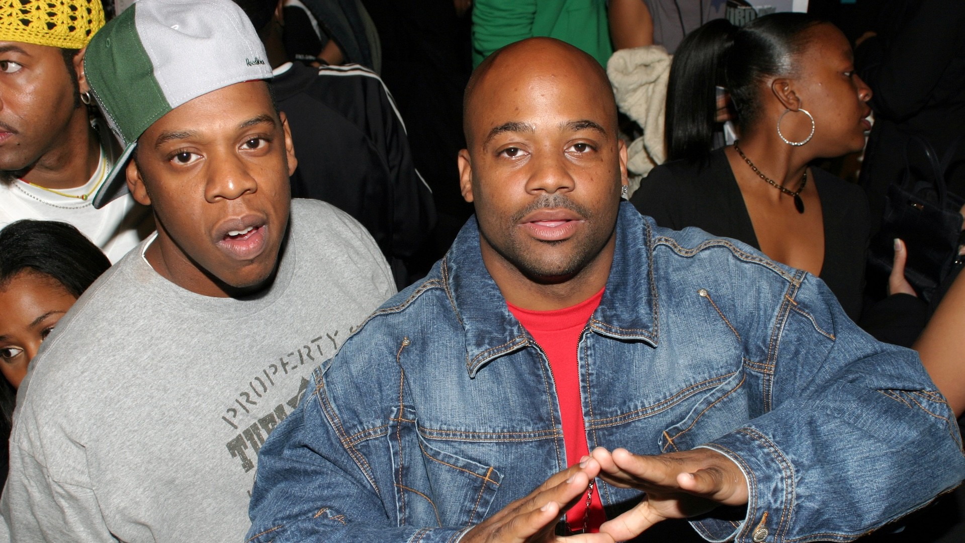Jay-Z and Damon Dash during Mercedes-Benz Fashion Week Spring 2004 - Baby Phat - Backstage at Gertrude Tent, Bryant Park in New York City, New York, United States.