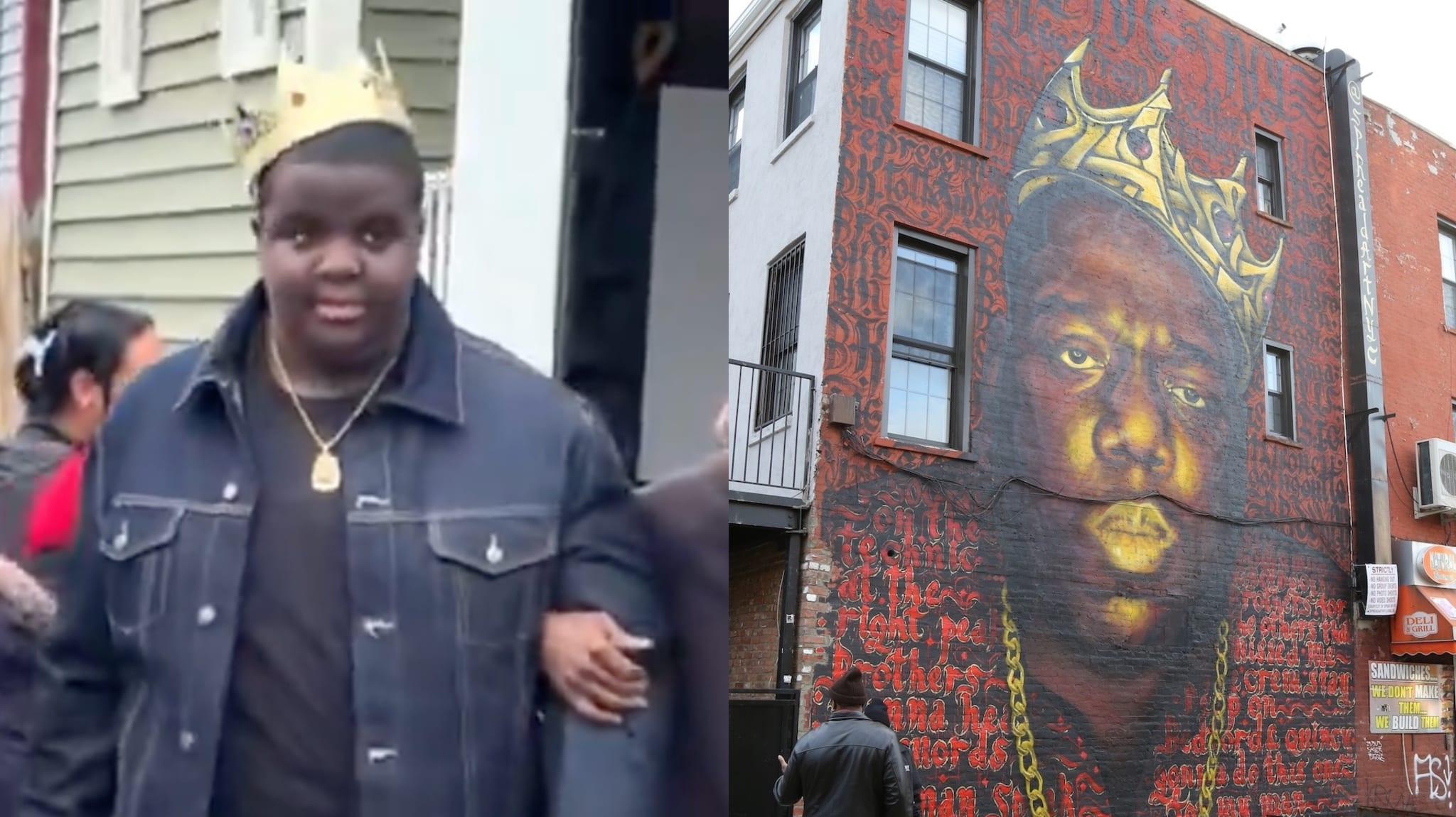 Split image of the teen who has gone viral for dressing up as Notorious B.I.G. and a mural of the rapper.
