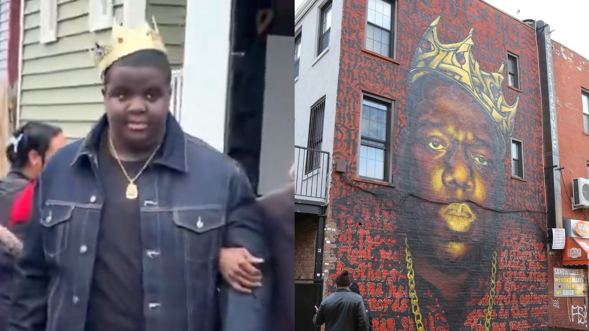 Split image of the teen who has gone viral for dressing up as Notorious B.I.G. and a mural of the rapper.