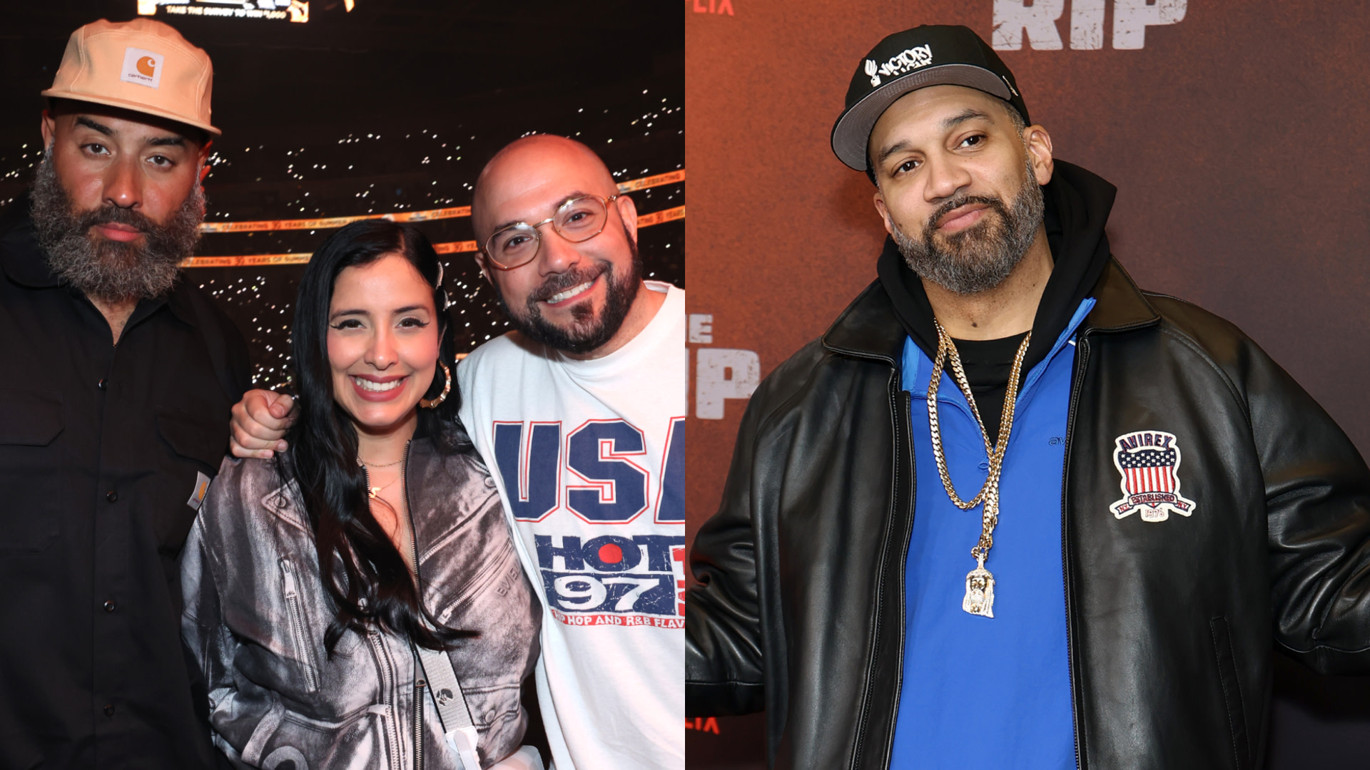 Split image. Left: Ebro, Laura Stylez, and Peter Rosenberg pose together. Right: The Kid Mero in a black cap and leather jacket.