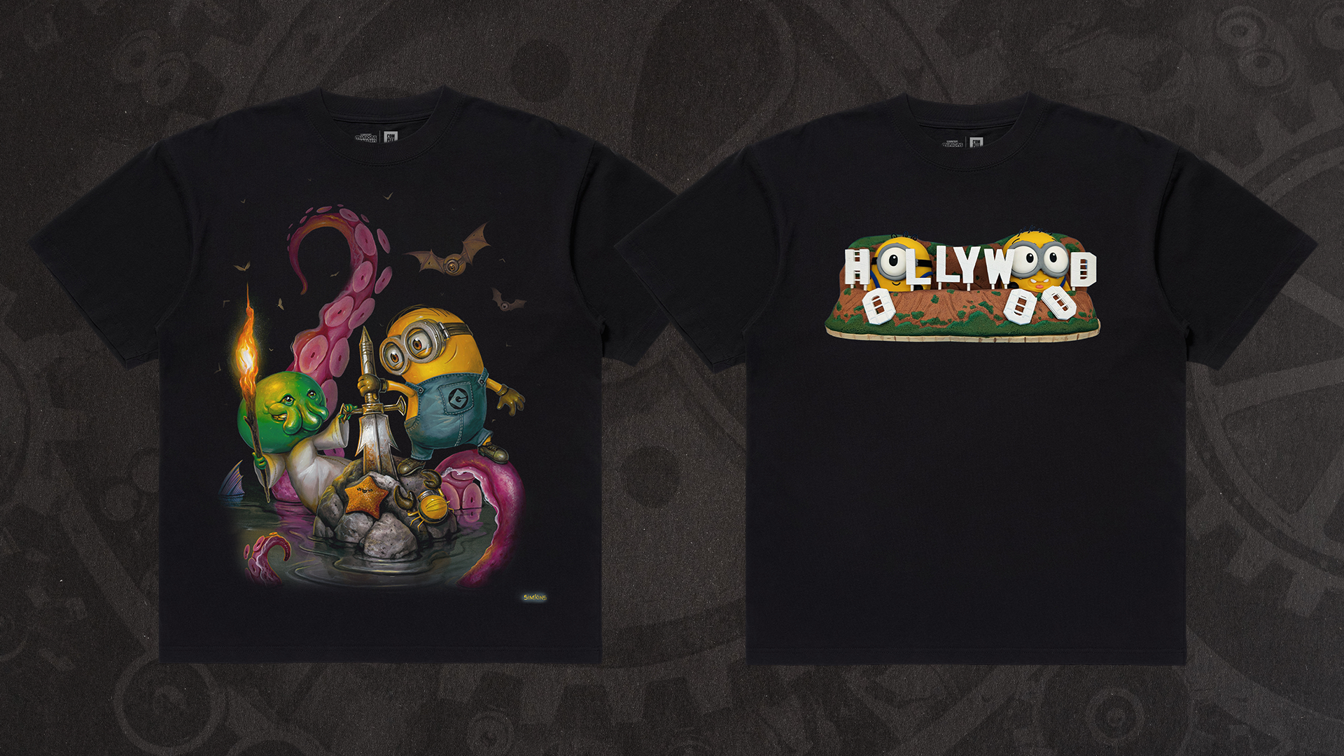 Two black t-shirts: one with a cartoon design featuring Minions and tentacles, the other with a stylized "Hollywood" sign.