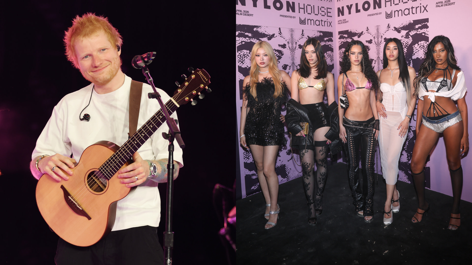 Left: Ed Sheeran holding a guitar on stage. Right: Five members of KATSEYE posing at an event.