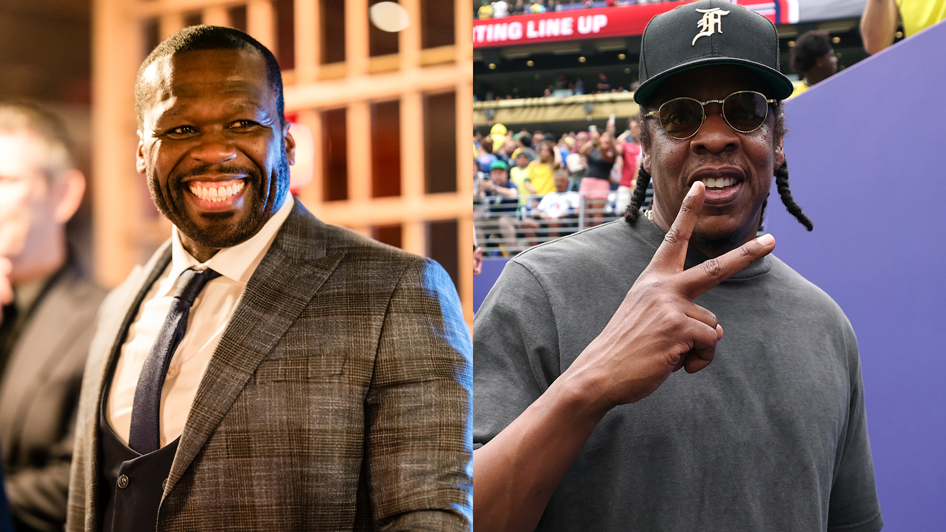 50 Cent smiling in a suit on the left; Jay-Z wearing sunglasses and a cap, making a peace sign on the right.