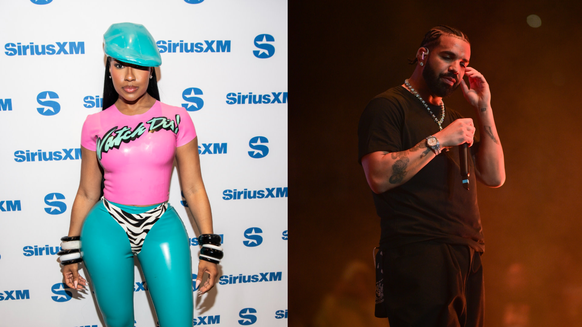 Two images: On the left, Yung Miami in a colorful outfit at a SiriusXM event. On the right, Drake performing on stage, wearing a black outfit.