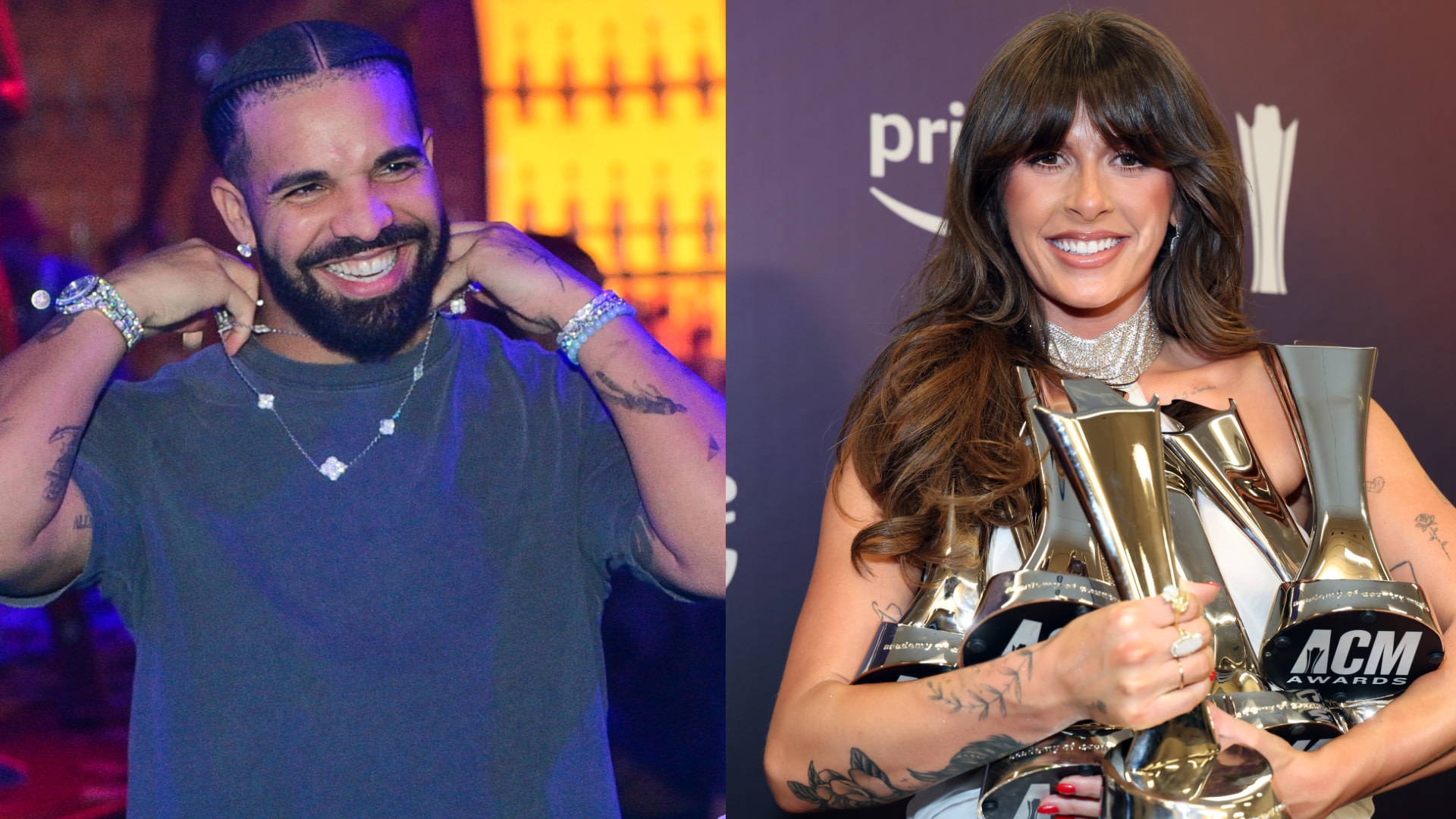 Drake smiling with jewelry, and Ella Langley holding ACM awards, both posing at events.