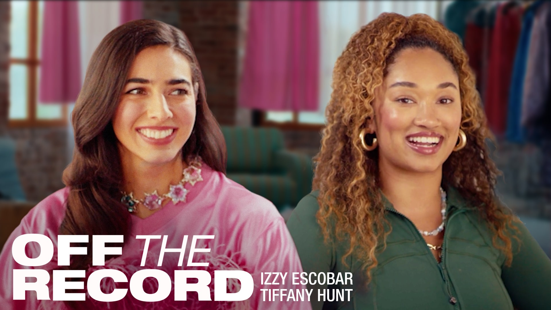 Two women smiling, one in a pink top and the other in a green jacket, with the text "Off the Record" and names Izzy Escobar, Tiffany Hunt.