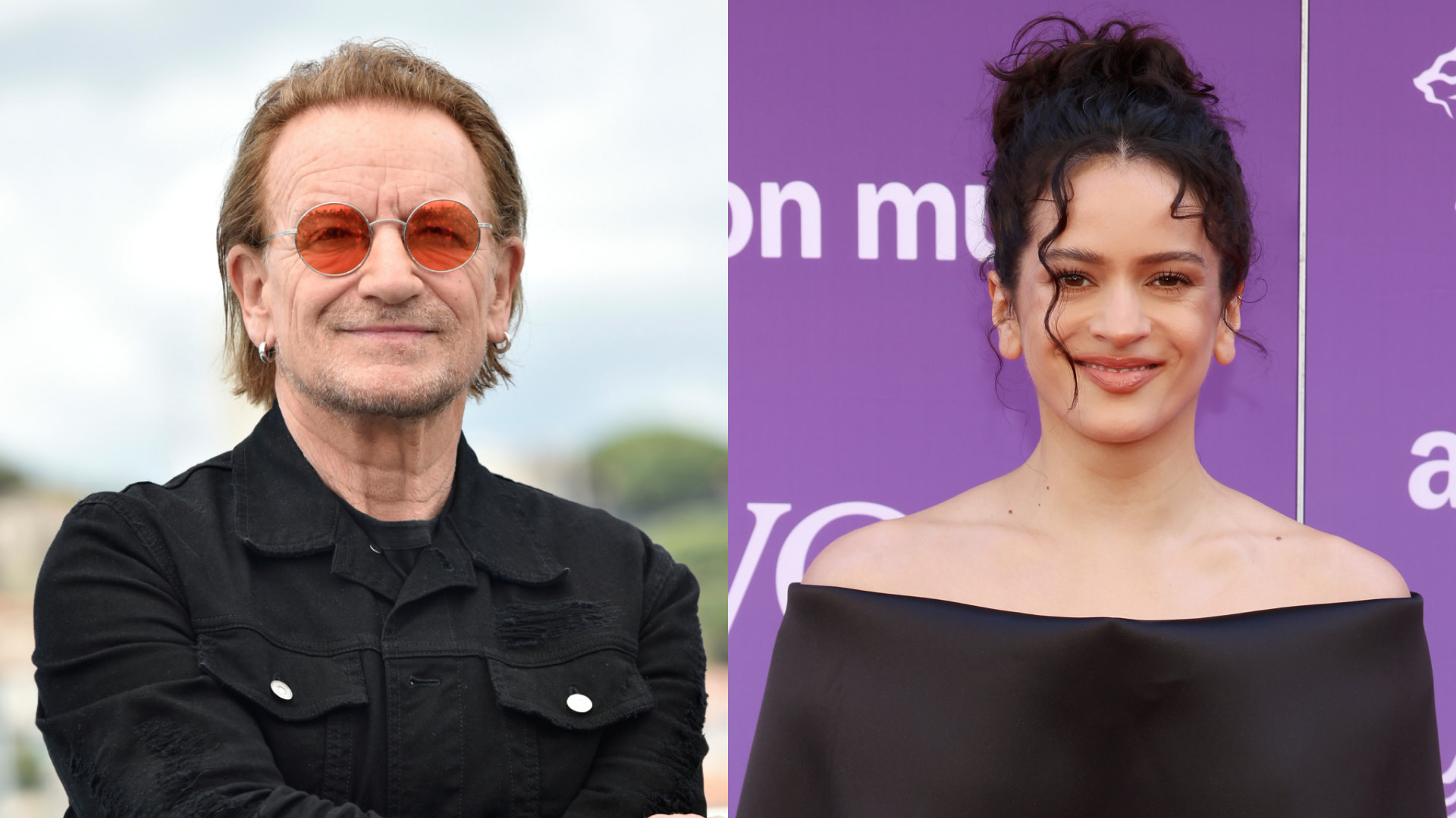 U2's Bono in sunglasses and a black jacket, and Rosalía in an off-shoulder black dress, posing against different backgrounds.