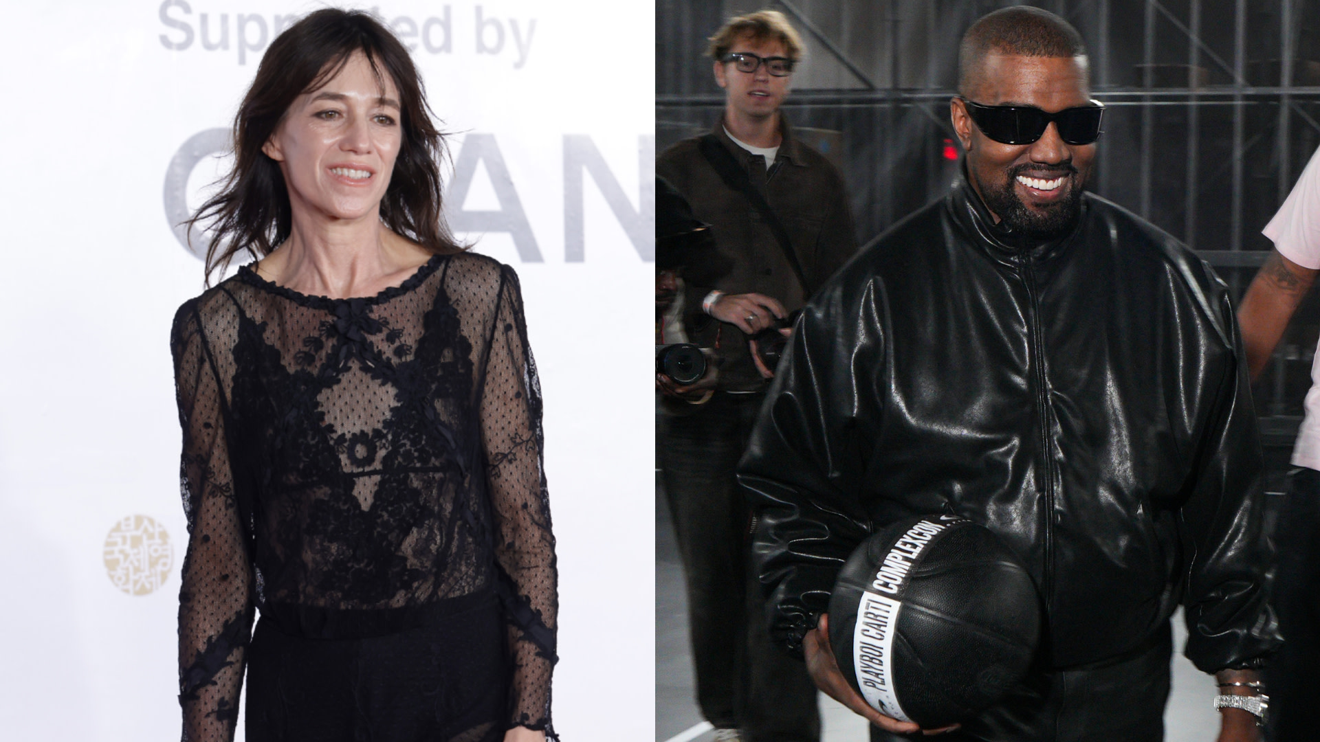 Charlotte Gainsbourg in a lace top and Kanye West in a black jacket and sunglasses, holding a basketball.