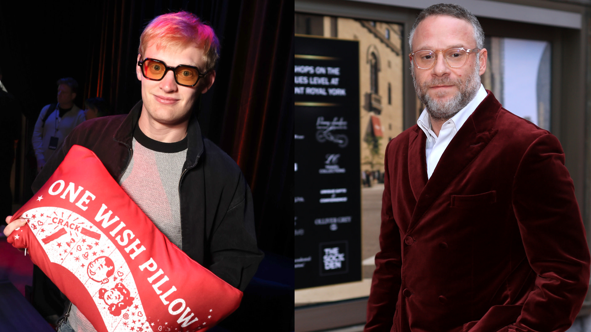Two men are pictured; Curry Barker holds a red pillow, and Seth Rogen wears a red velvet jacket.
