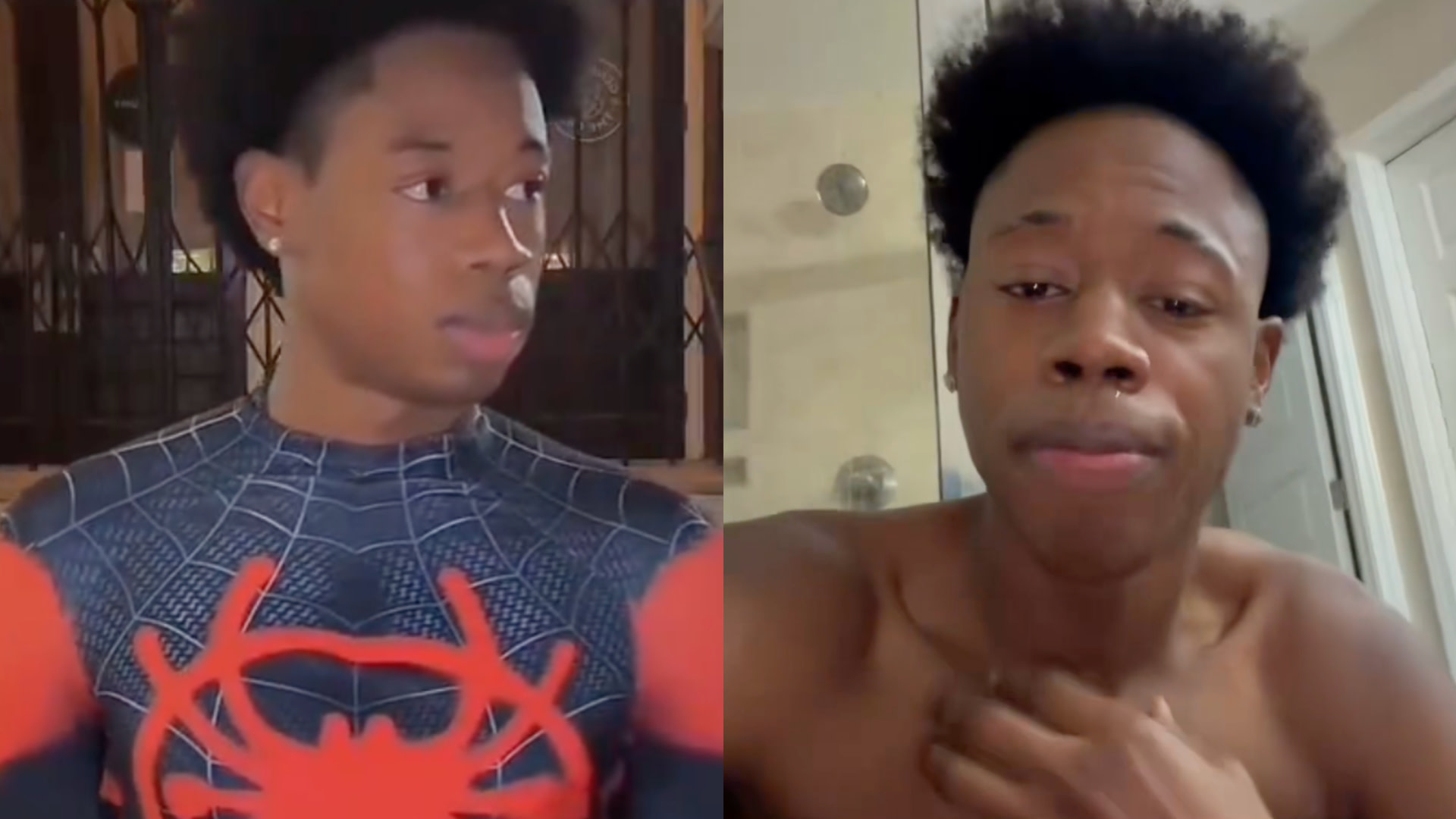 A young man in a Spider-Man costume on the left and shirtless on the right, both with similar hairstyles, indoors.