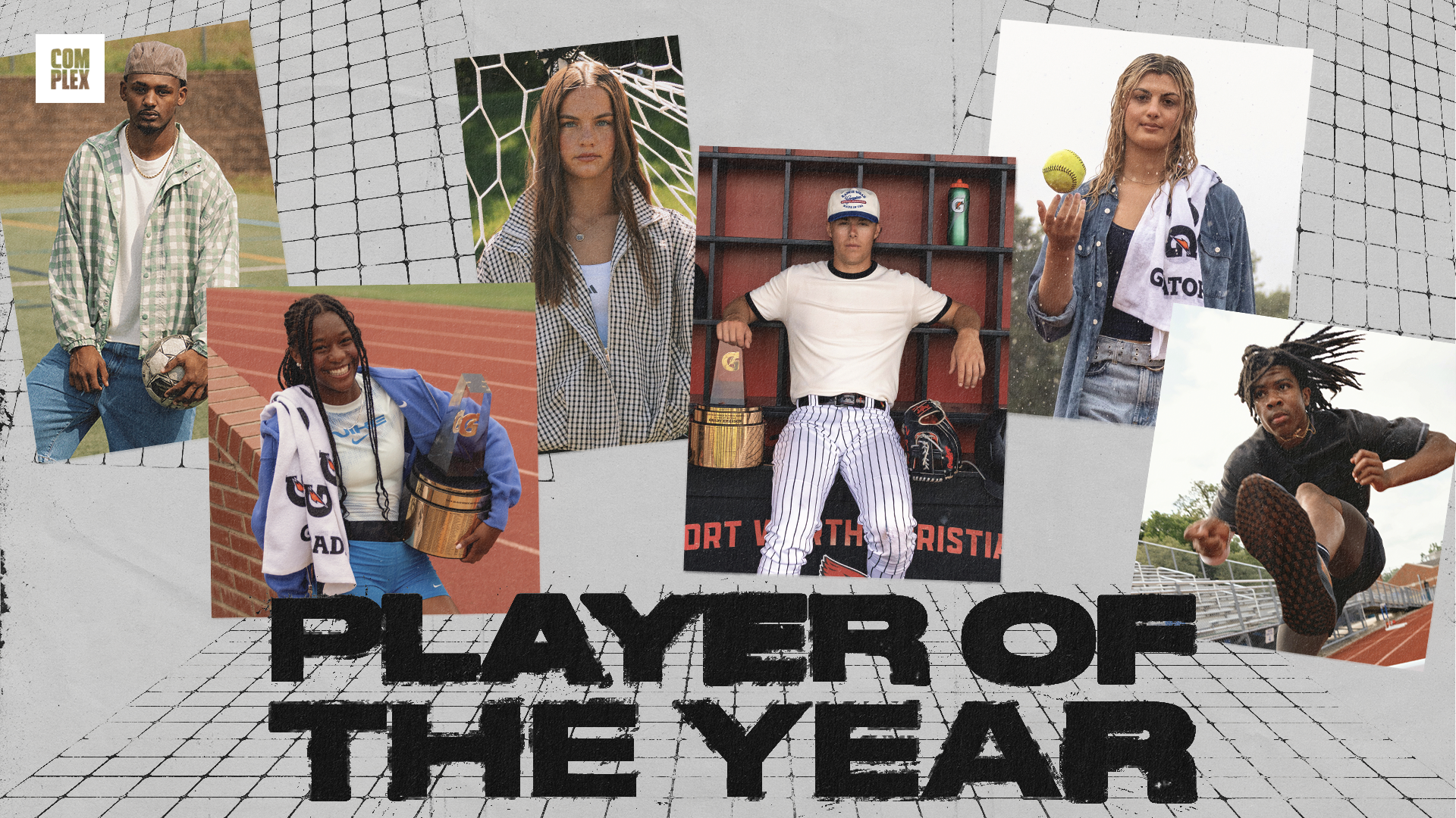 A collage of six athletes in various sports poses, with "Player of the Year" text. Each athlete is uniquely styled and holding sports equipment.
