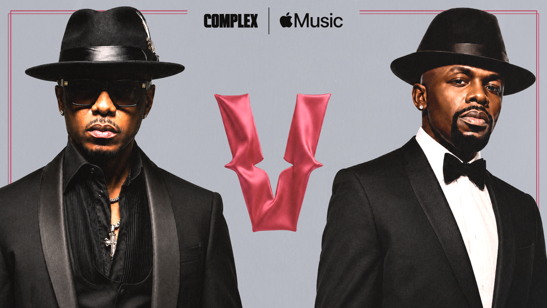 Split image of Donell Jones and Joe for a Verzuz event, with sponsorship logos from Complex and Apple Music.