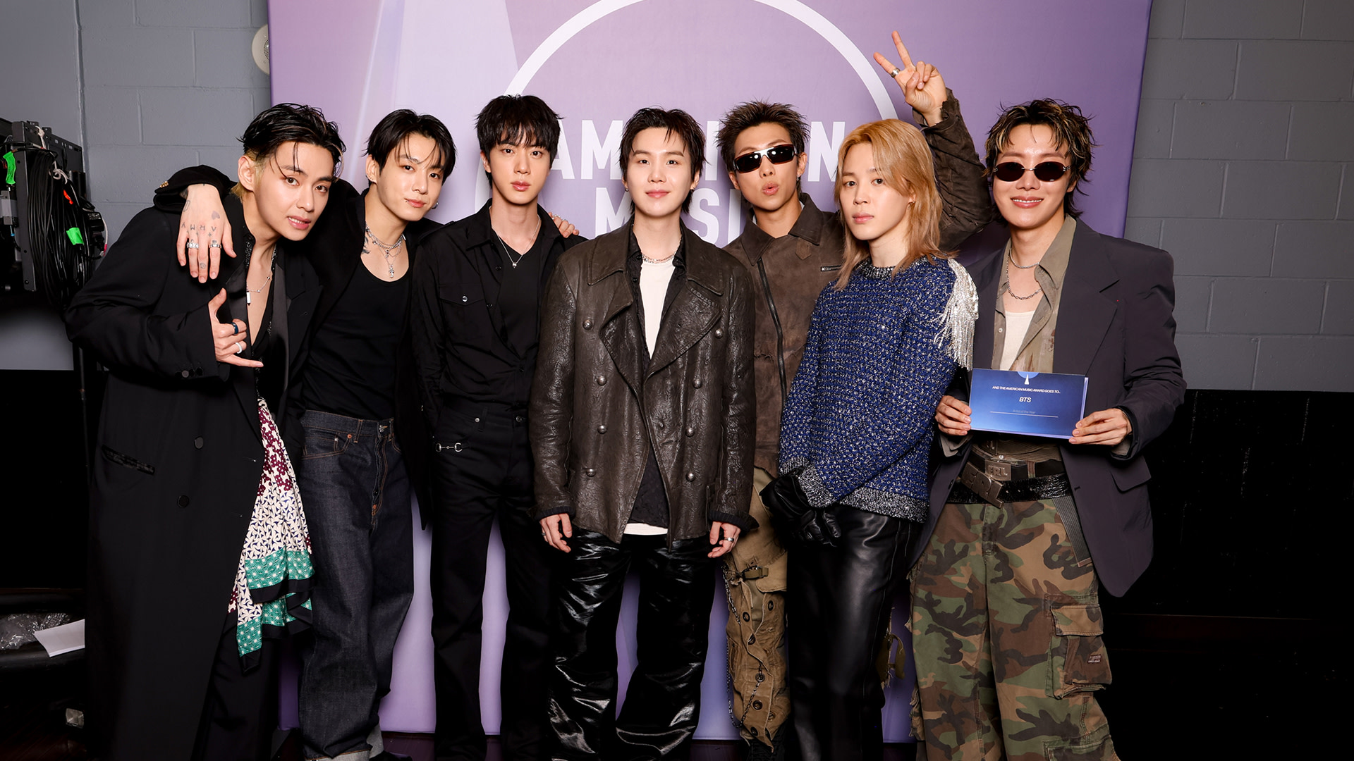 V, Jungkook, Jin, Suga, RM, Jimin and J-Hope of BTS at The 52nd American Music Awards held at the MGM Grand Garden Arena on May 25, 2026 in Las Vegas, Nevada. 