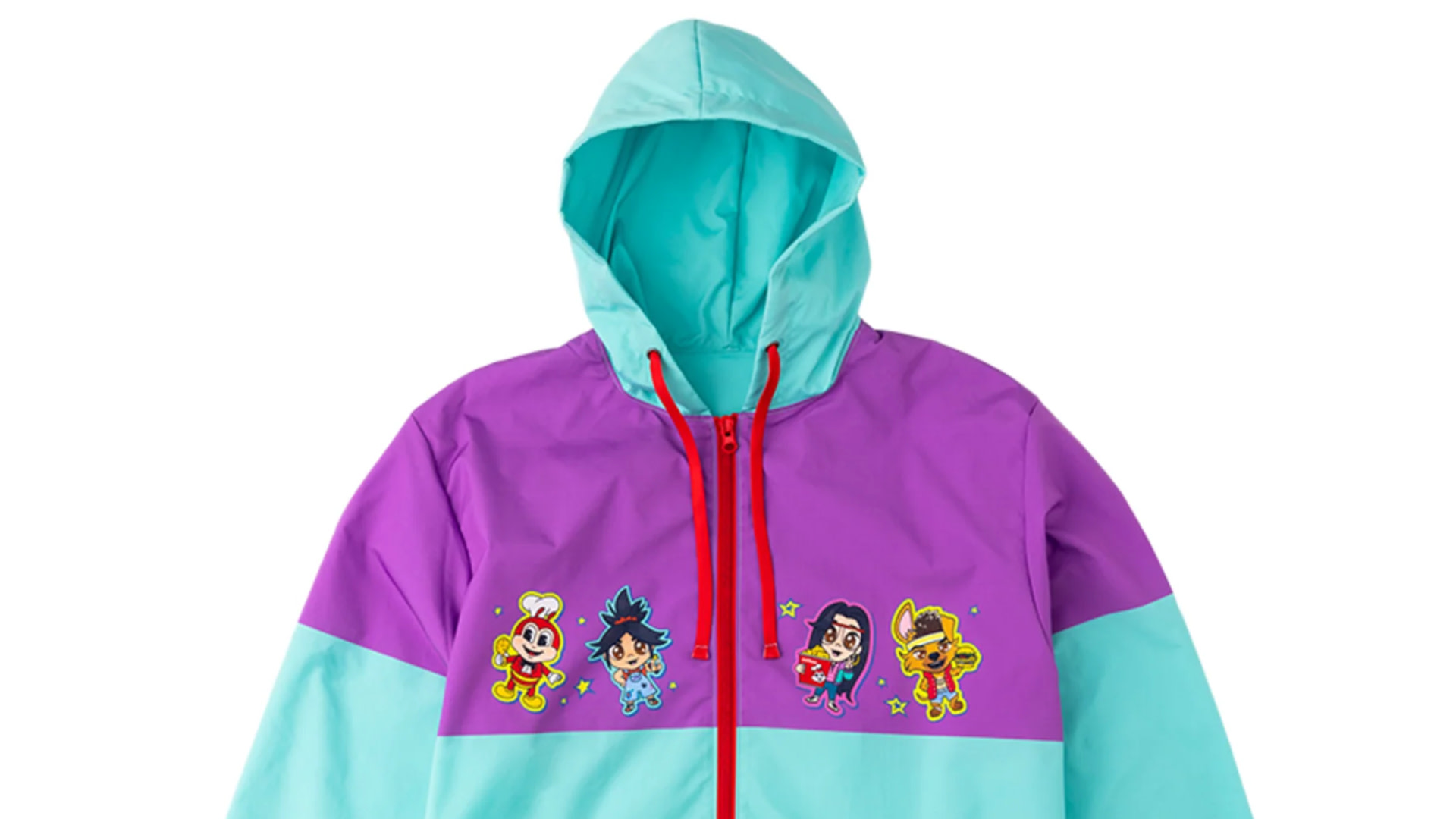 A colorful hooded jacket with a purple and teal design featuring cartoon characters on the front.