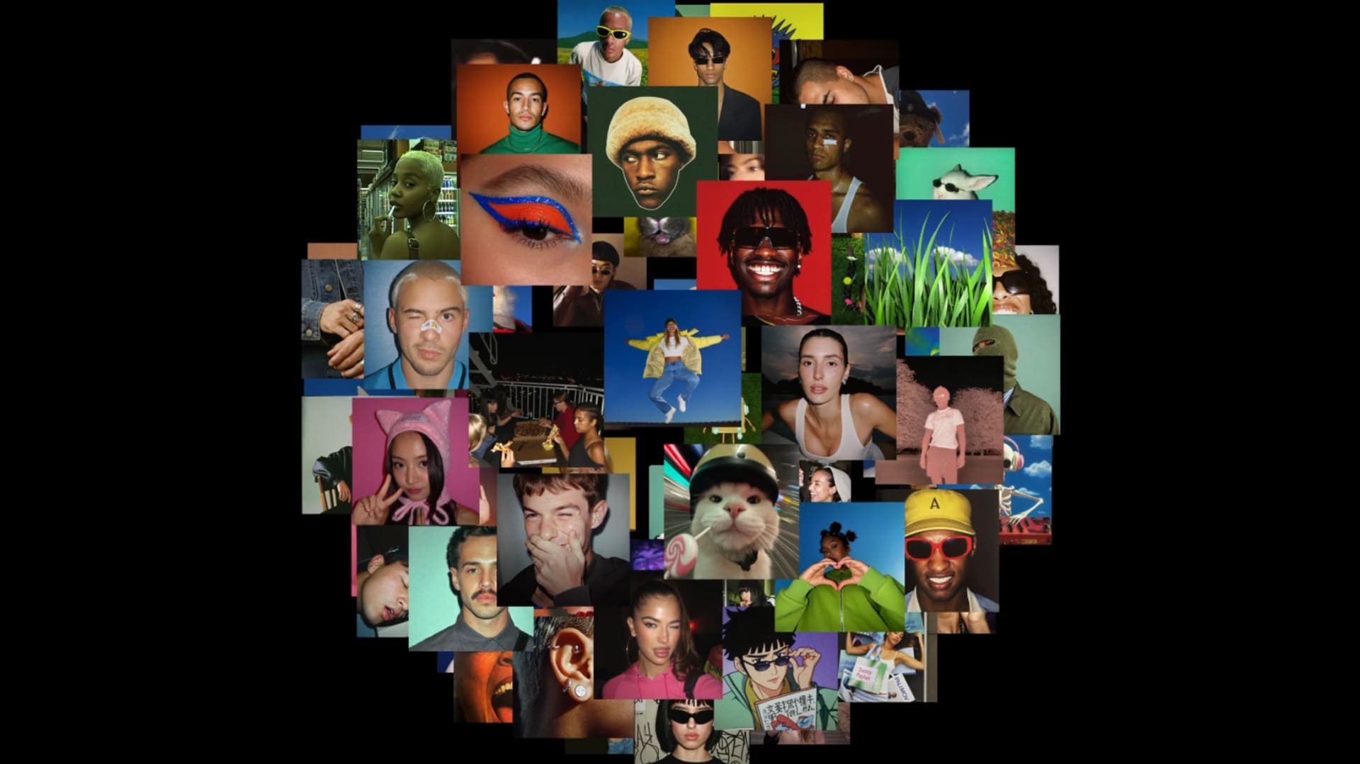 A collage of diverse people and objects, including close-ups and colorful backgrounds, arranged in a circular pattern on a black background.