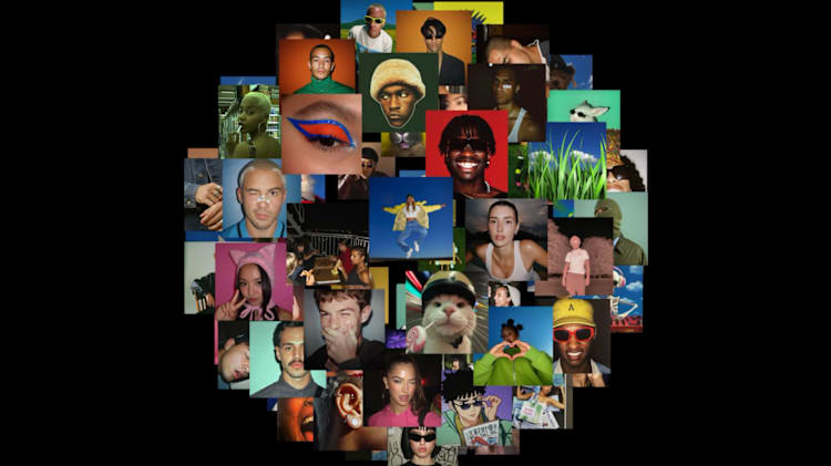 A collage of diverse people and objects, including close-ups and colorful backgrounds, arranged in a circular pattern on a black background.