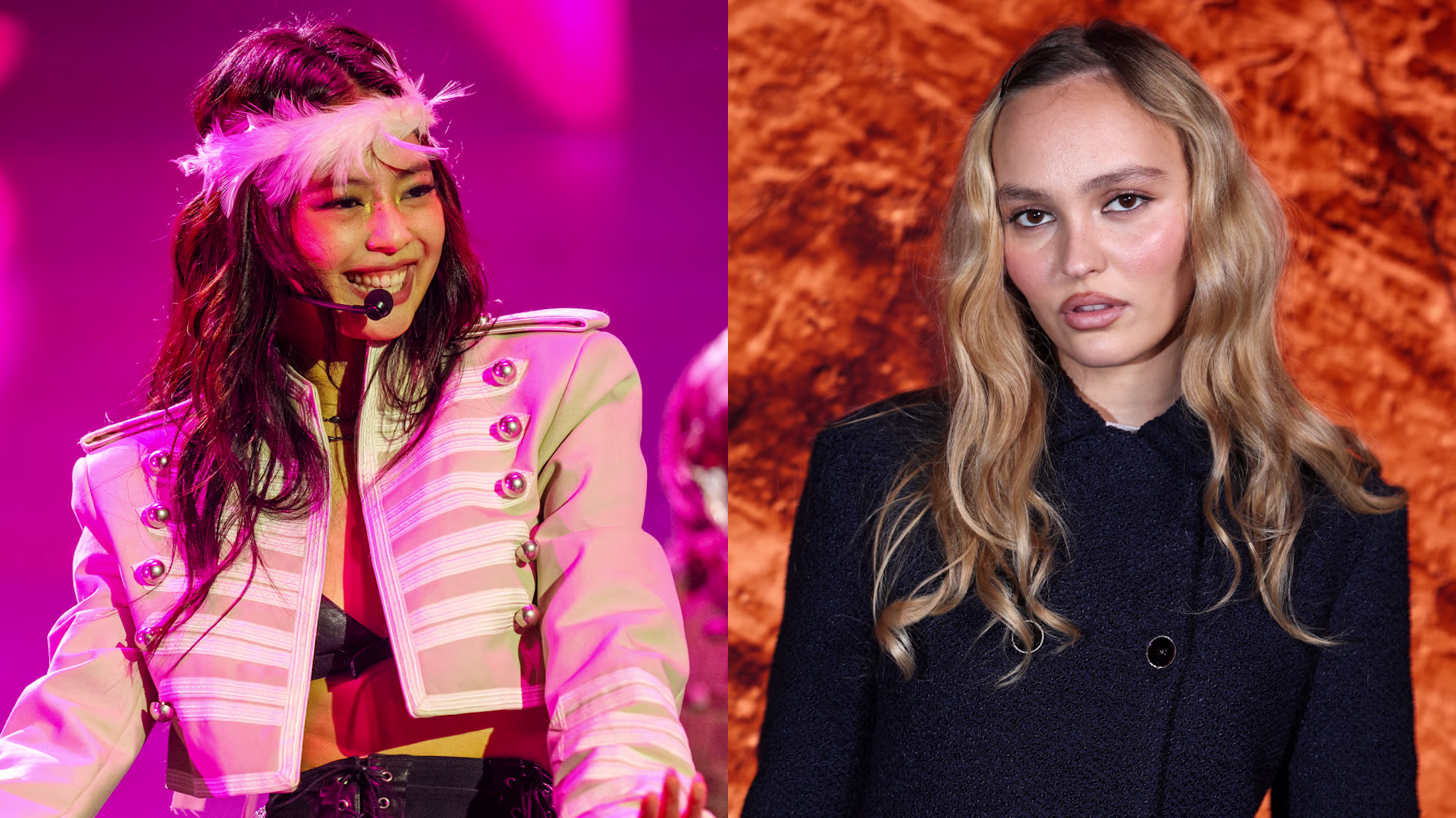 Splt image. Left: JENNIE in a vibrant outfit sings on stage. Right: Lily-Rose Depp with long wavy hair poses against an orange backdrop.