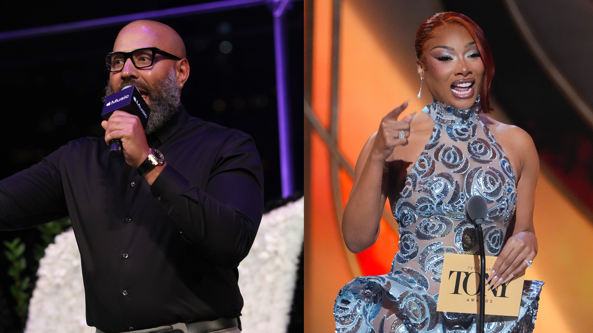 NEW YORK, NEW YORK - SEPTEMBER 24: Ebro Darden speaks onstage as Apple Music and gamma. present “Flowers: Mariah Carey and SZA in Conversation" at Jazz at Lincoln Center on September 24, 2025 in New York City. 
Megan Thee Stallion speaks onstage at The 79th Annual Tony Awards held at Radio City Music Hall on June 07, 2026 in New York, New York. 