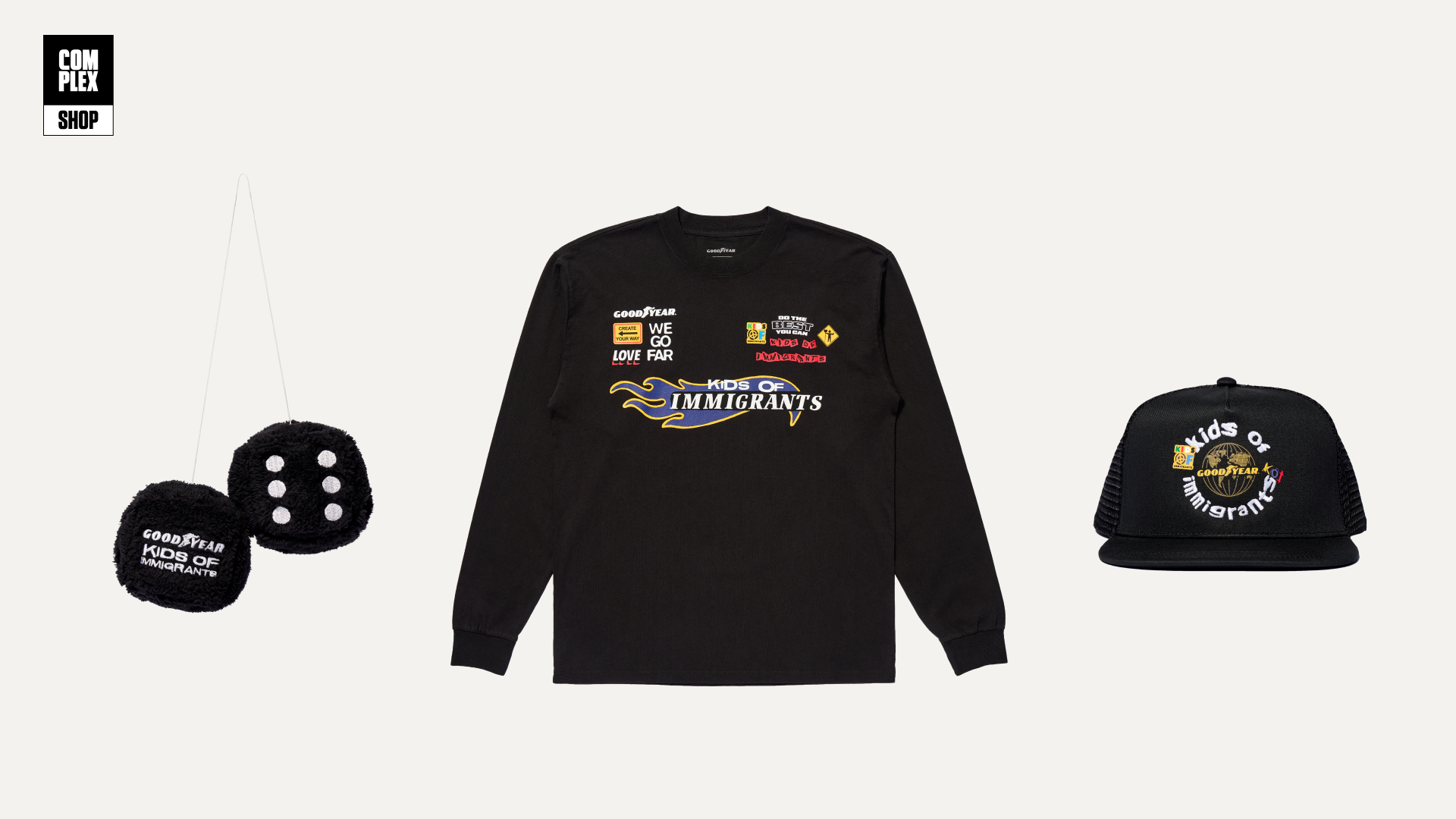 Black long-sleeve shirt, cap, and fuzzy dice with "Kids of Immigrants" branding, displayed on a white background.