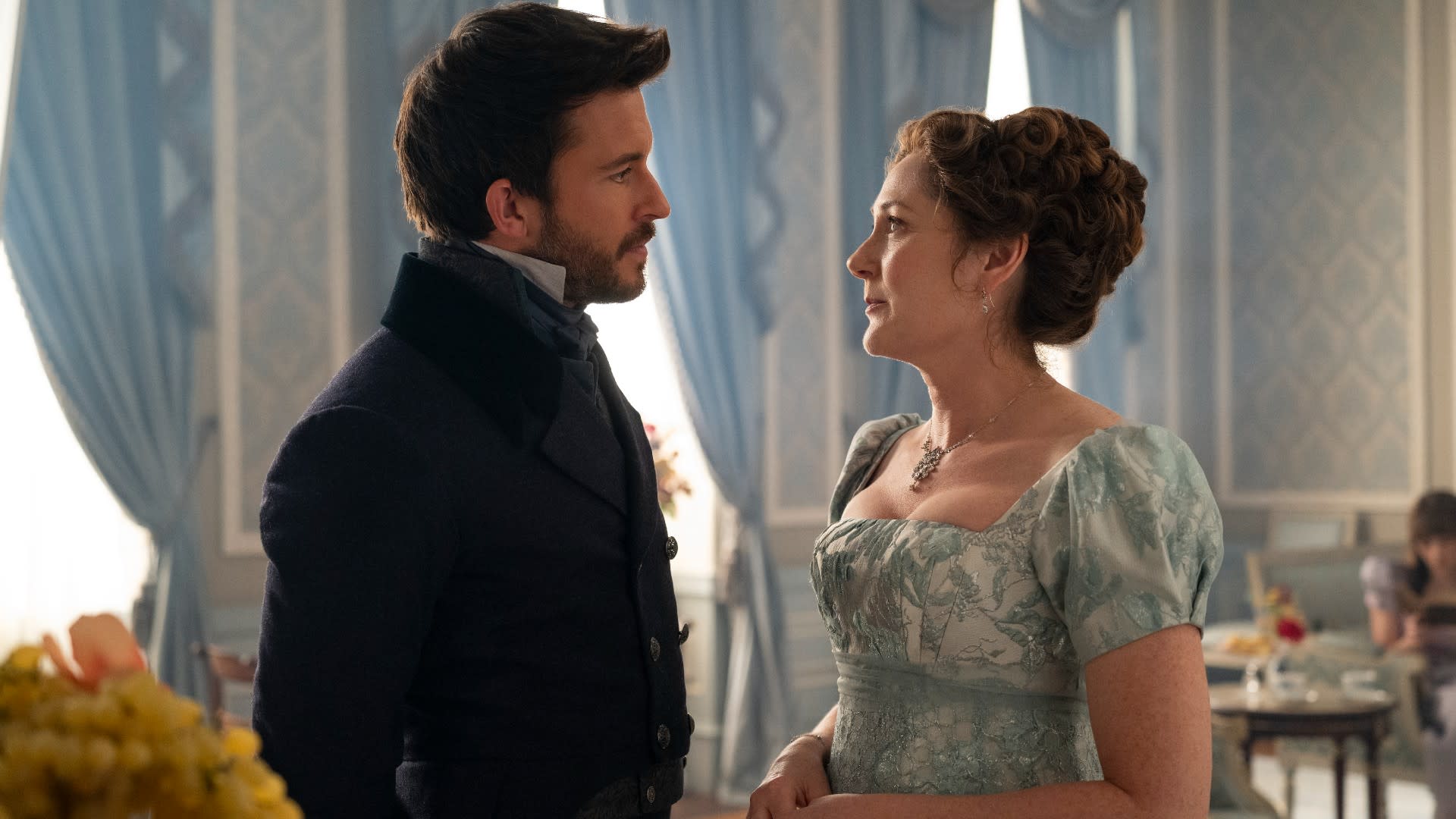 Jonathan Bailey as Anthony Bridgerton, Ruth Gemmell as Lady Violet Bridgerton in episode 406 of Bridgerton. 
