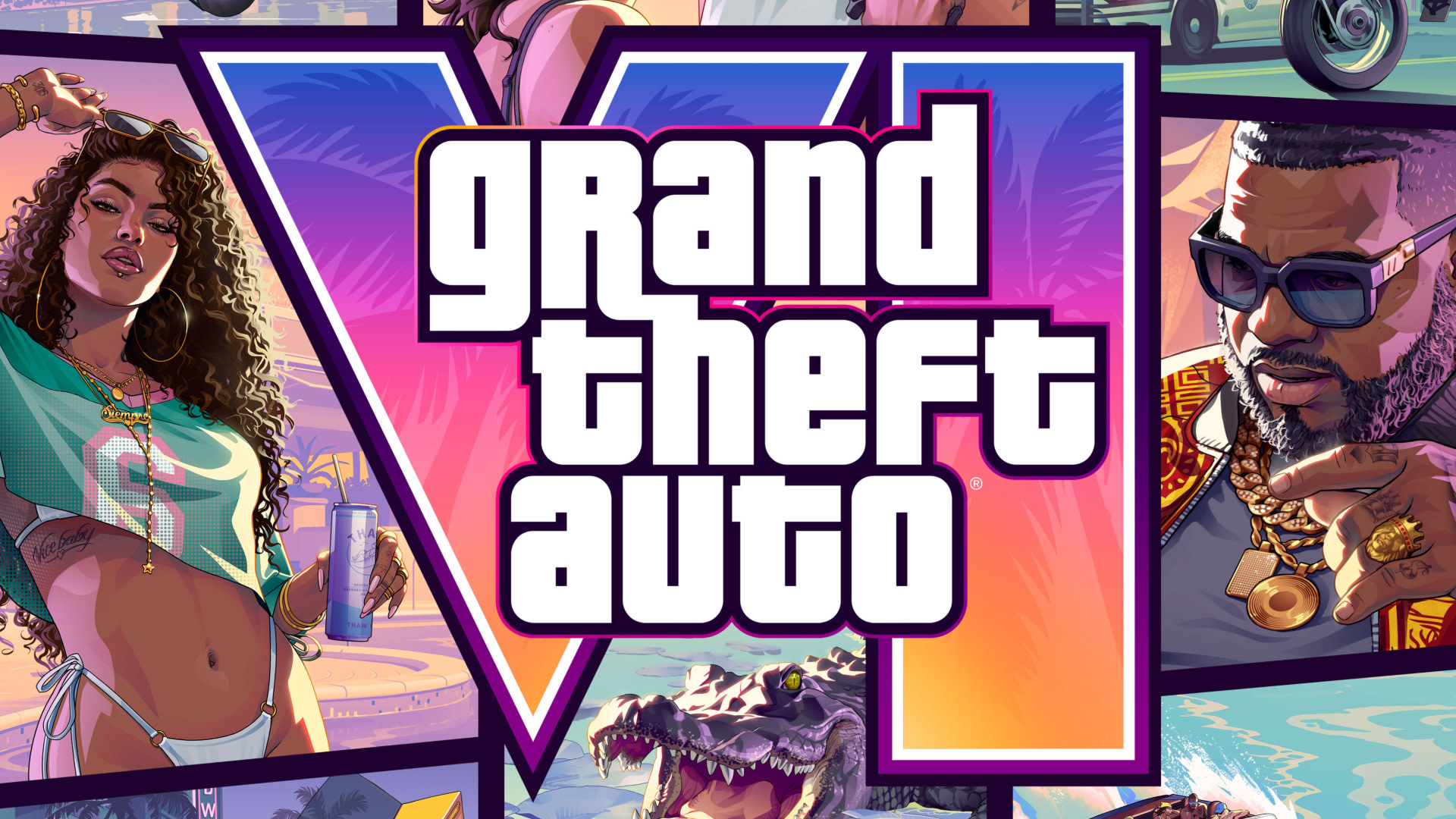 Stylized promotional art for "Grand Theft Auto VI" featuring vibrant characters and scenes, including a woman and a man with sunglasses.