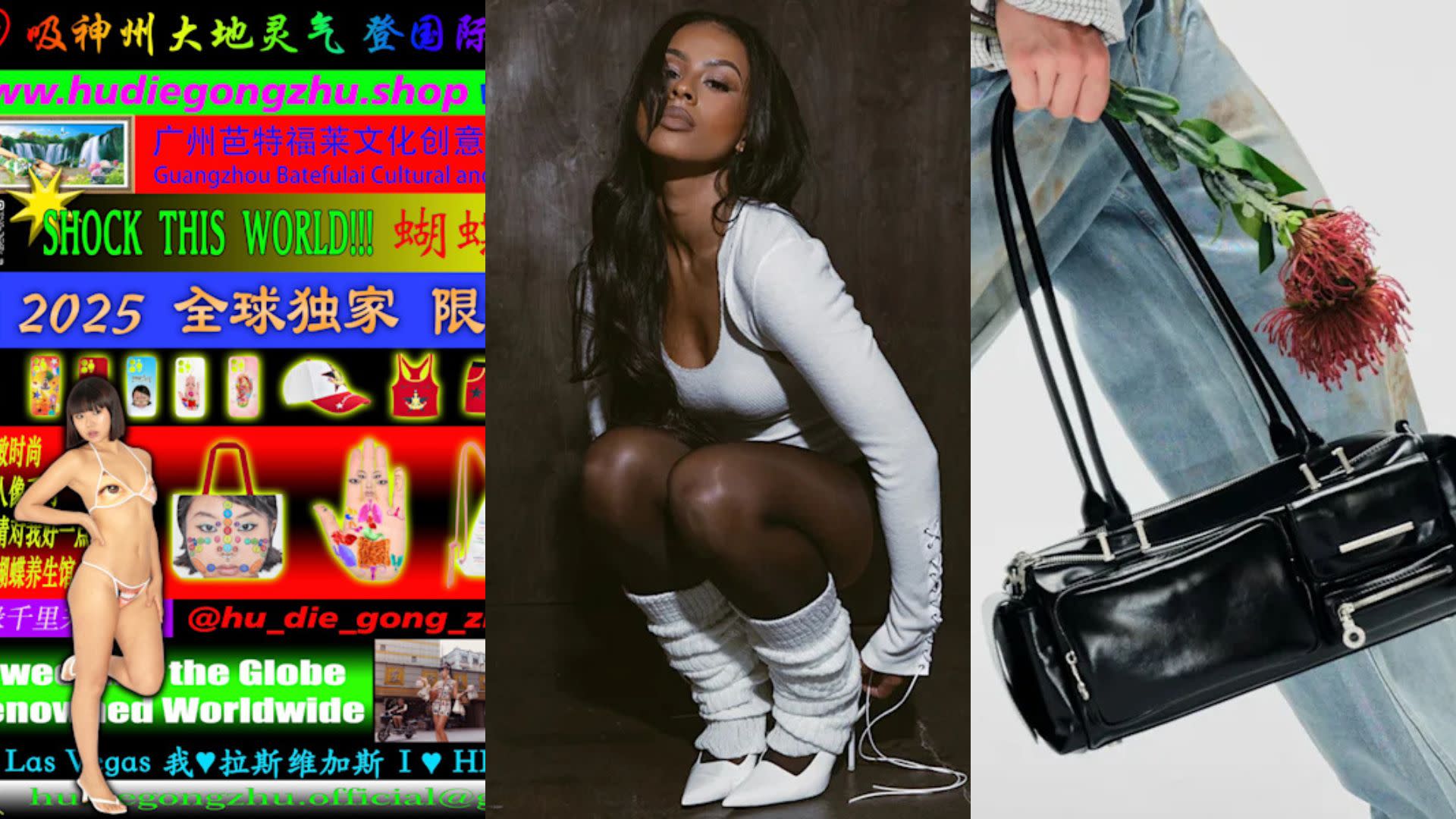 A collage with vibrant ads, a woman in white attire and leg warmers, and a hand holding a black bag with flowers.