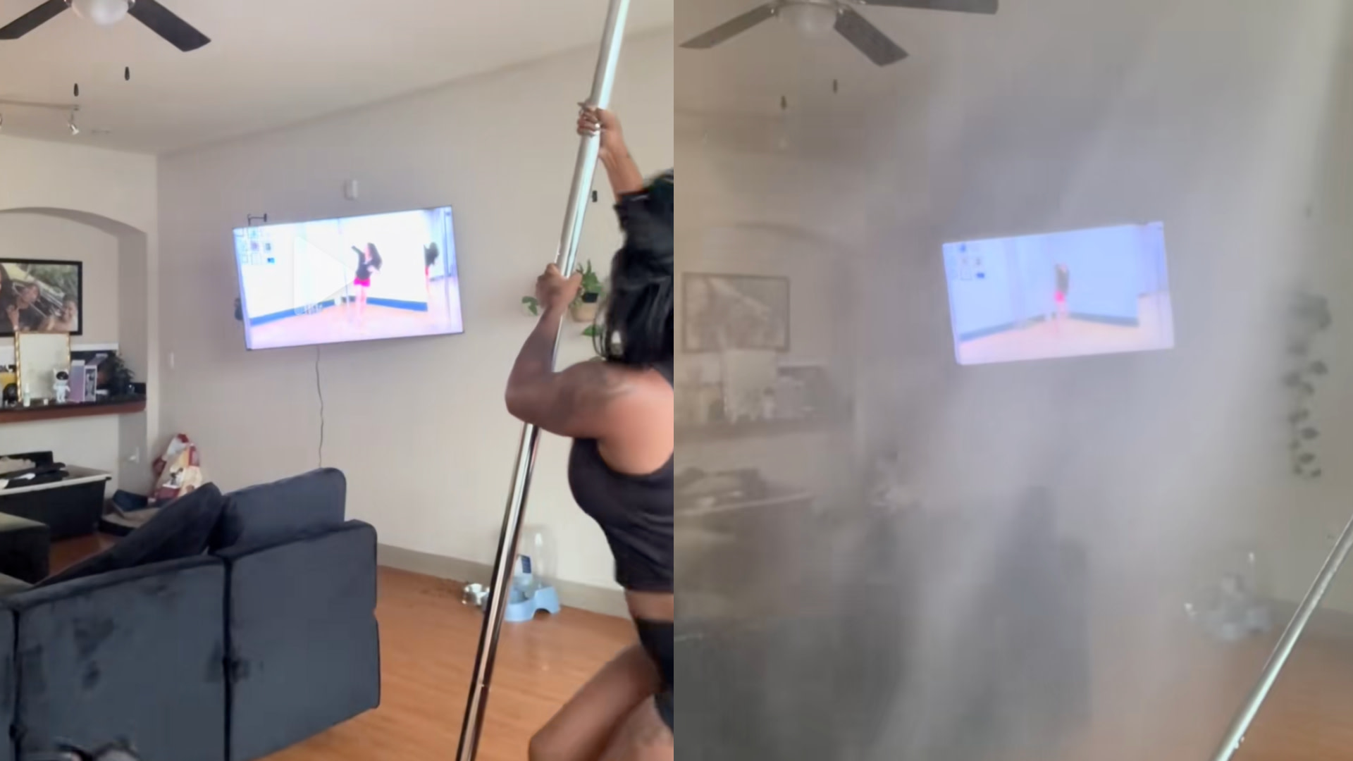 A person in a living room practicing on a pole, with a TV on the wall. The room becomes smoky in the second image.