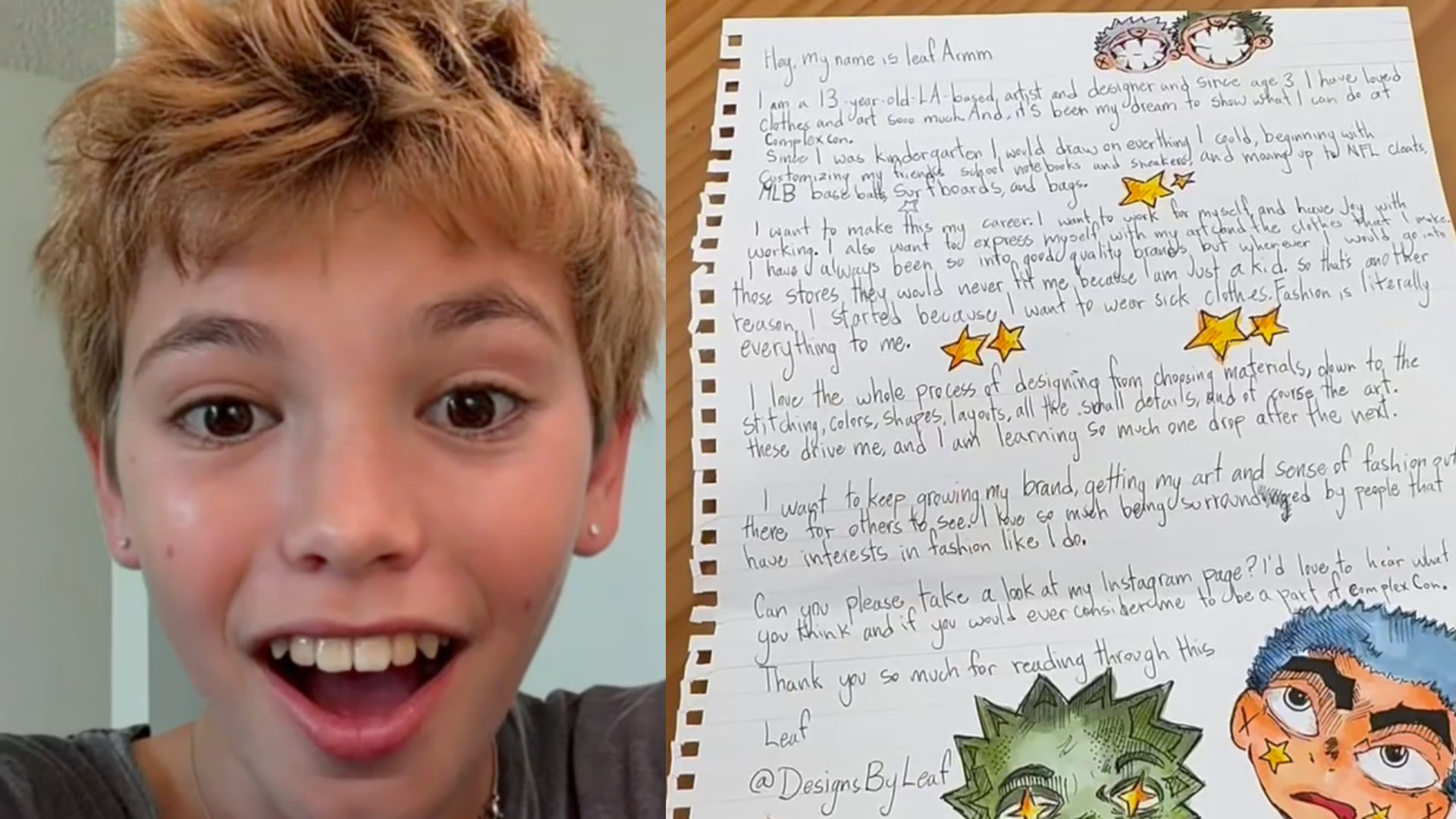 A young boy with short, light brown hair and an excited expression next to a handwritten letter about his fashion design journey.
