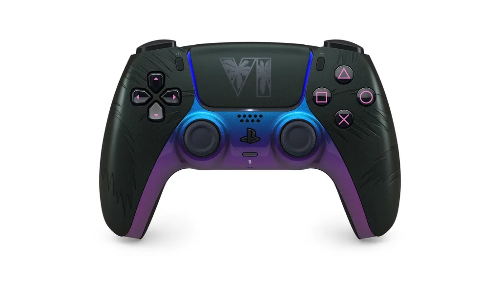 A PlayStation 5 DualSense controller with a custom blue and purple design, featuring the Roman numeral VI on the touchpad.