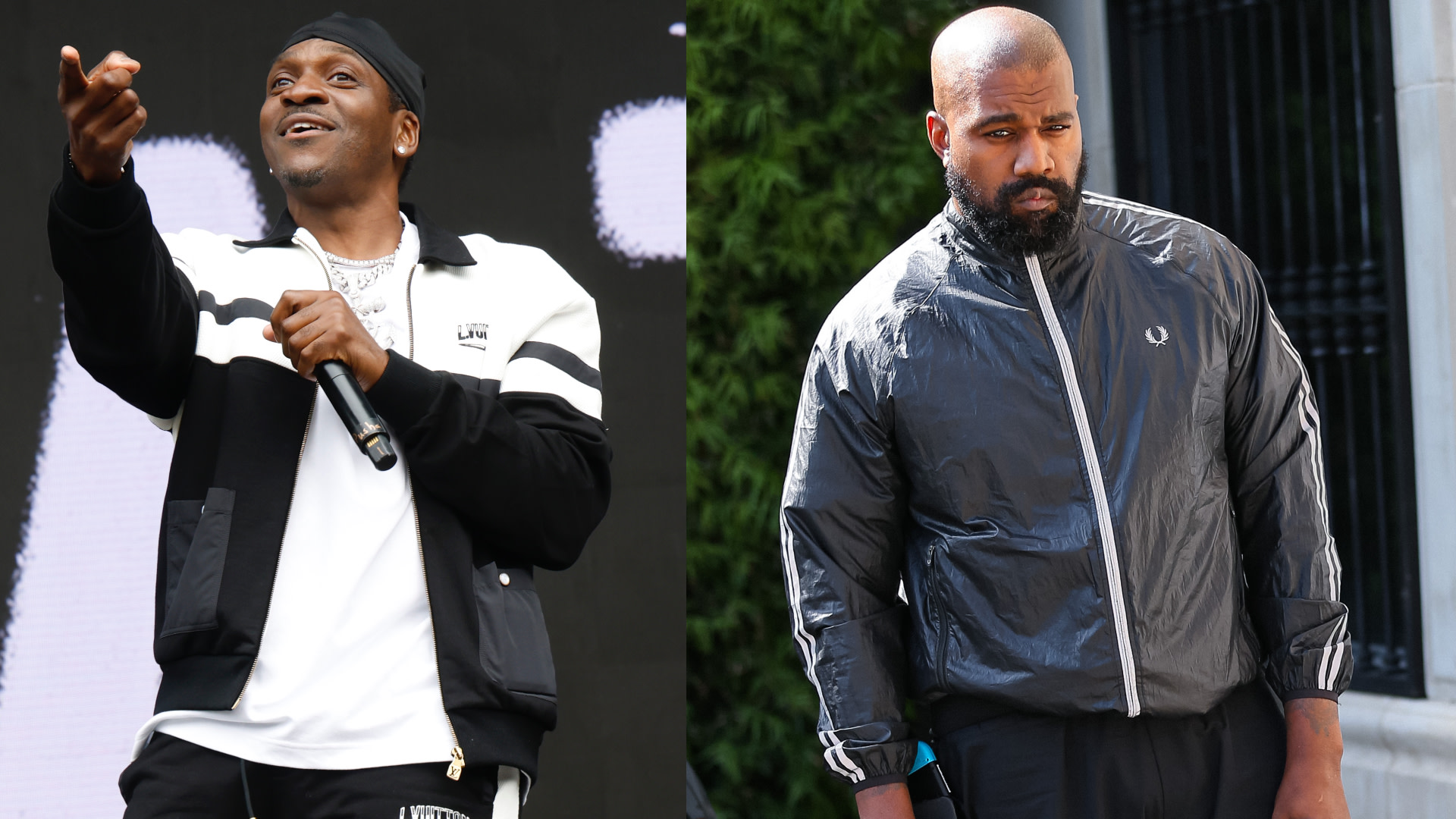Pusha T performing on stage, wearing a black and white outfit. Kanye West in a black jacket, standing outdoors with a serious expression.