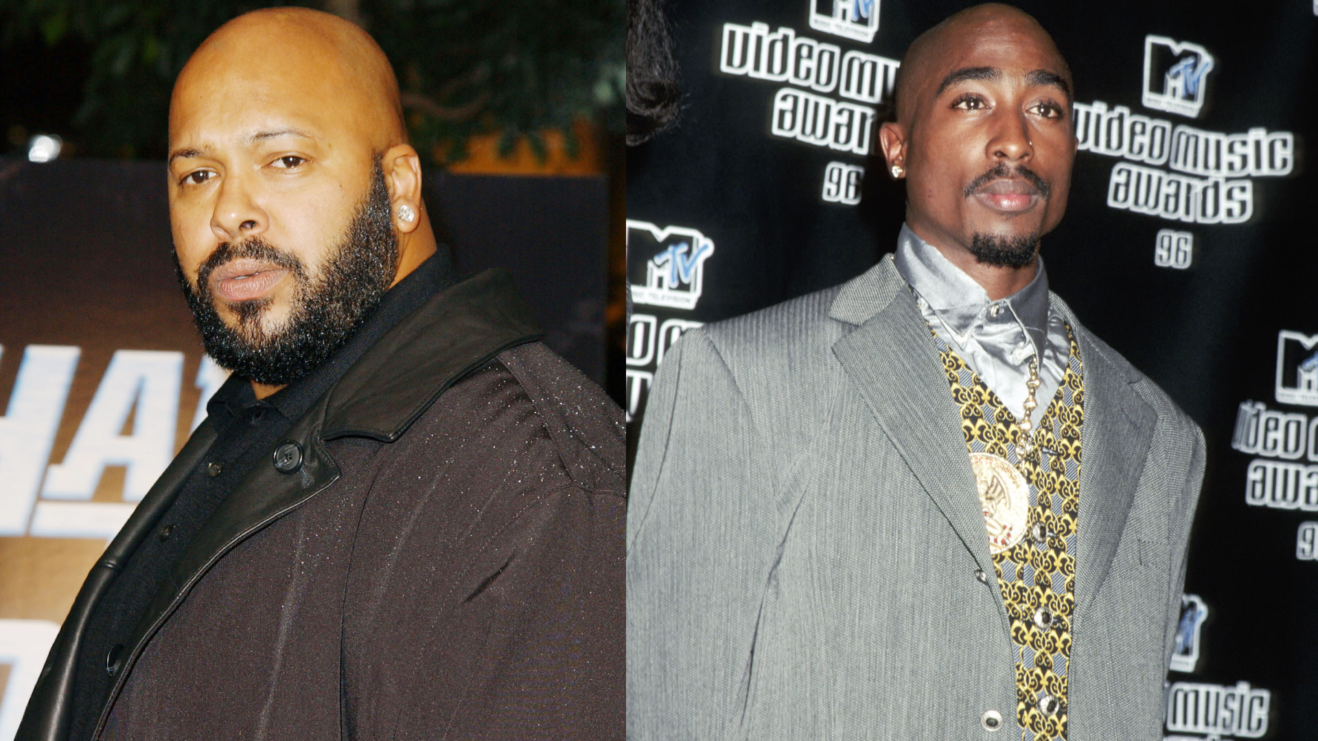 Suge Knight and Tupac Shakur at an event. Suge is in a dark coat, and Tupac is in a suit with a patterned vest, standing against a backdrop.
