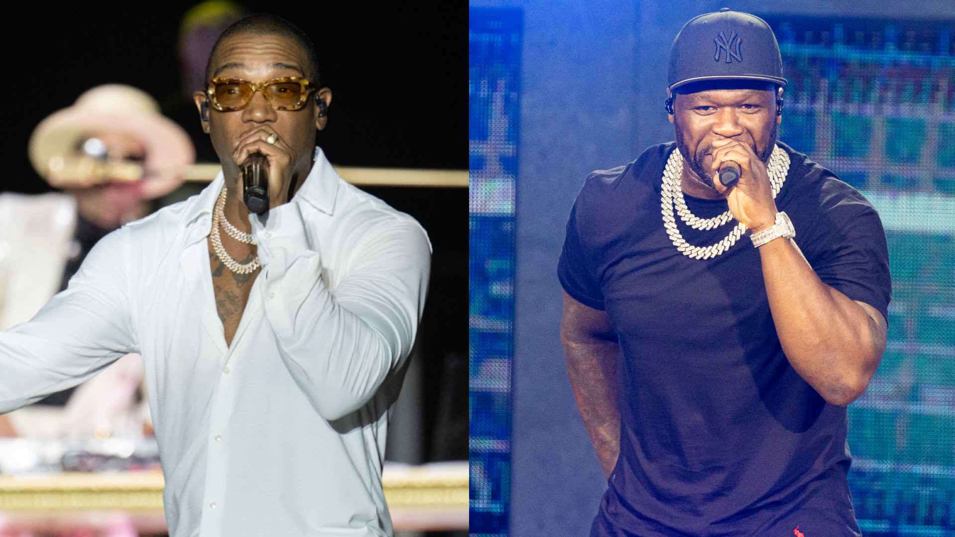 Ja Rule in a white shirt performing, and 50 Cent in a black shirt and cap performing on stage.