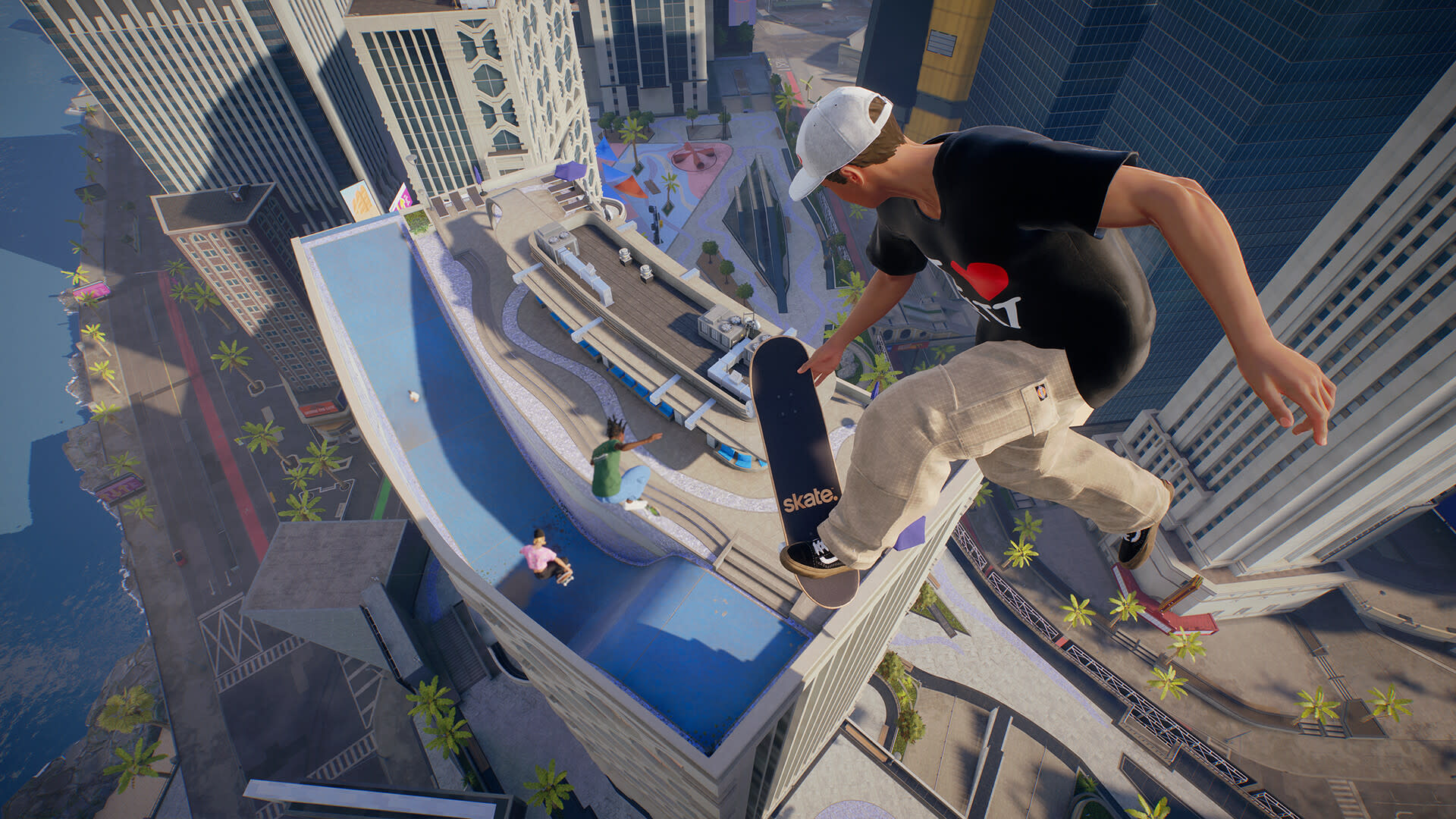 A skateboarder performing a trick on a rooftop skate park in a cityscape, with other skaters visible below.