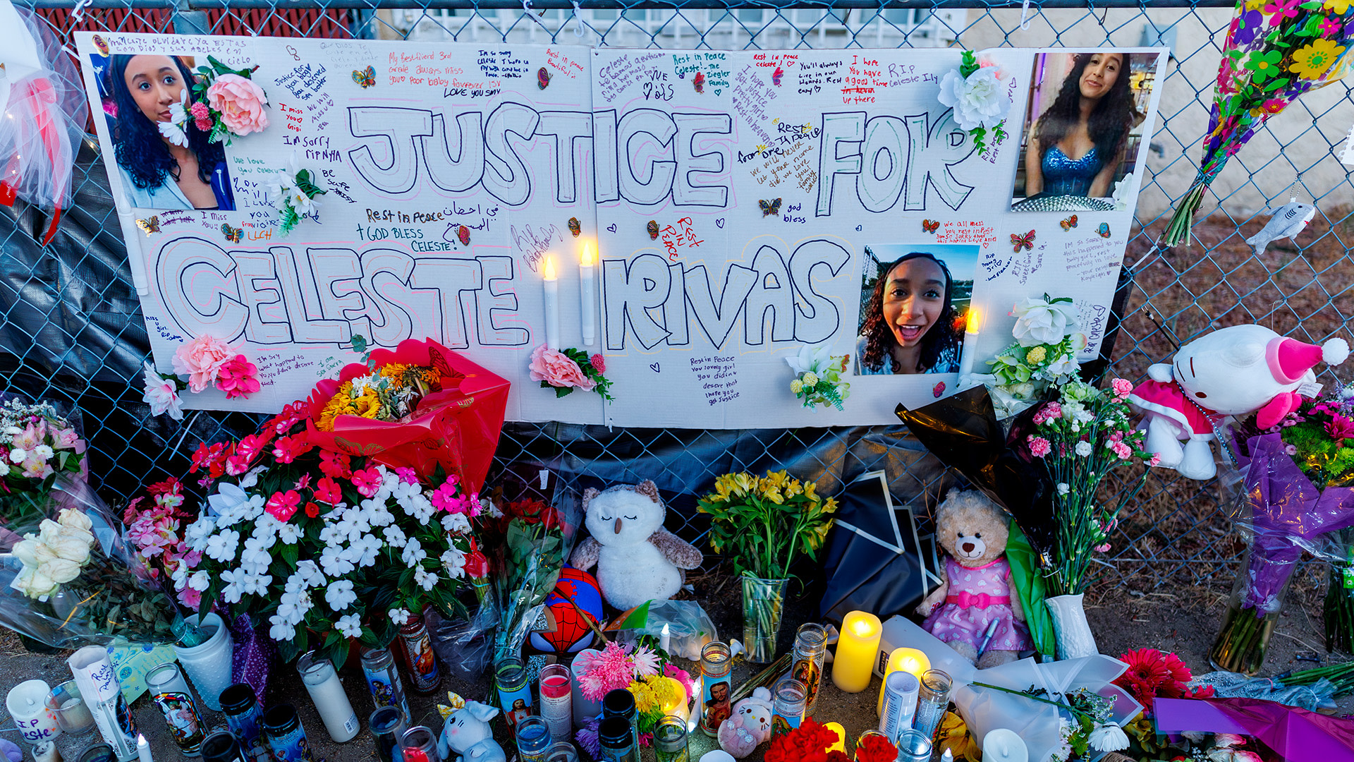 A memorial with flowers, candles, and stuffed animals in front of a sign reading "Justice for Celeste Rivas," featuring photos and messages.