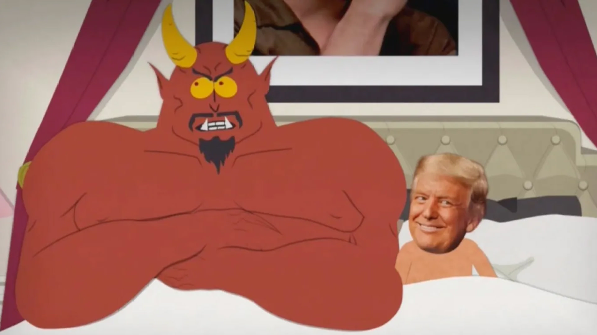 A cartoon devil and a character with Donald Trump's face are in bed together, with a humorous setting.