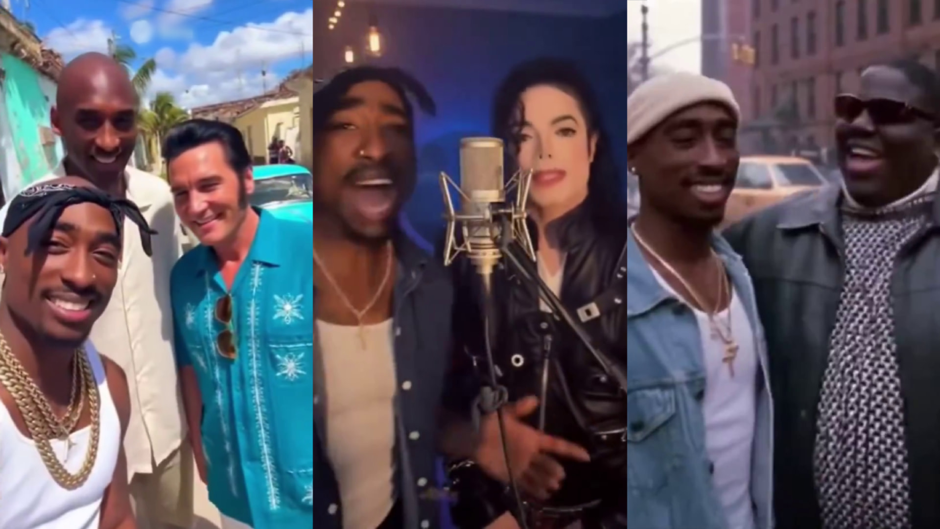 A collage of Tupac Shakur with Kobe Bryant, Elvis Presley, Michael Jackson, and The Notorious B.I.G. in various settings.