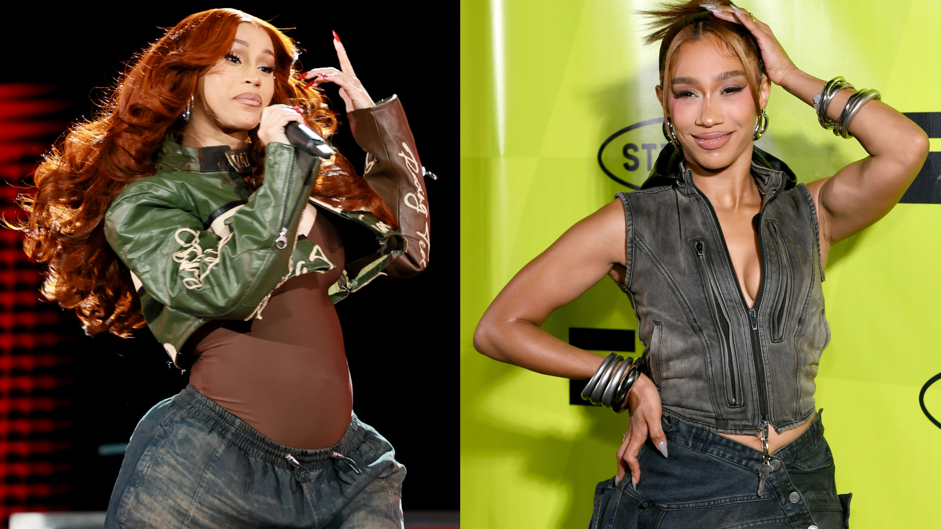 Cardi B wears a green jacket and sings, while BIA poses in a sleeveless top.