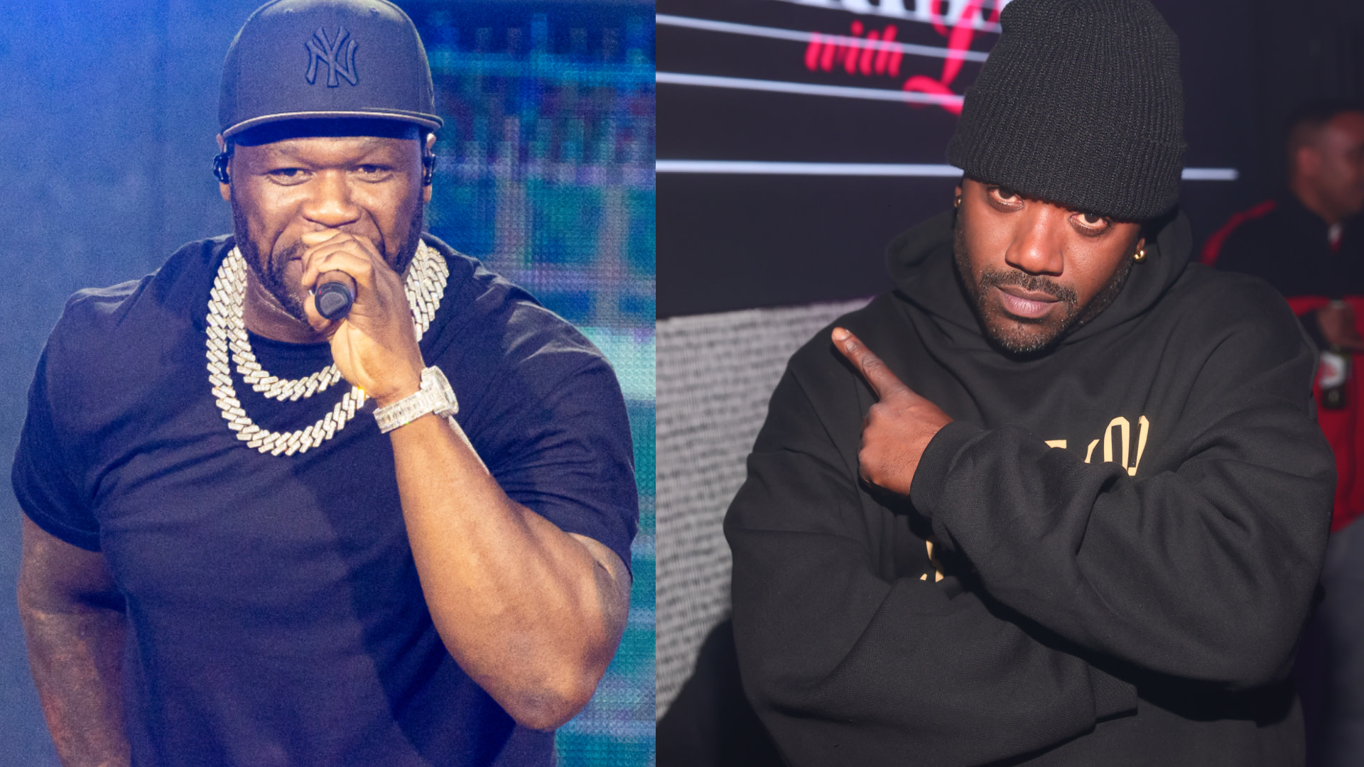 50 Cent performing in a black shirt and cap, and Ray J posing in a black hoodie and beanie.