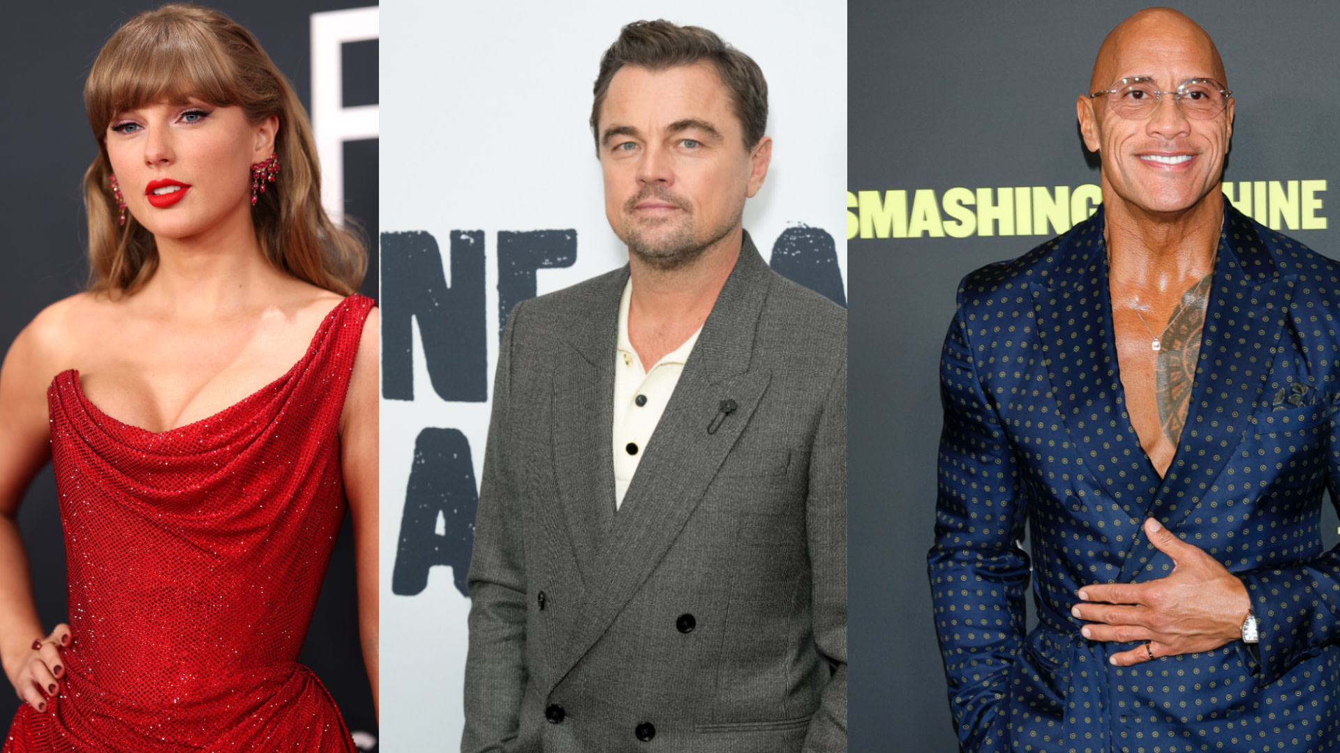 Taylor Swift in a red dress, Leonardo DiCaprio in a grey suit, and Dwayne "The Rock" Johnson in a blue polka dot suit.
