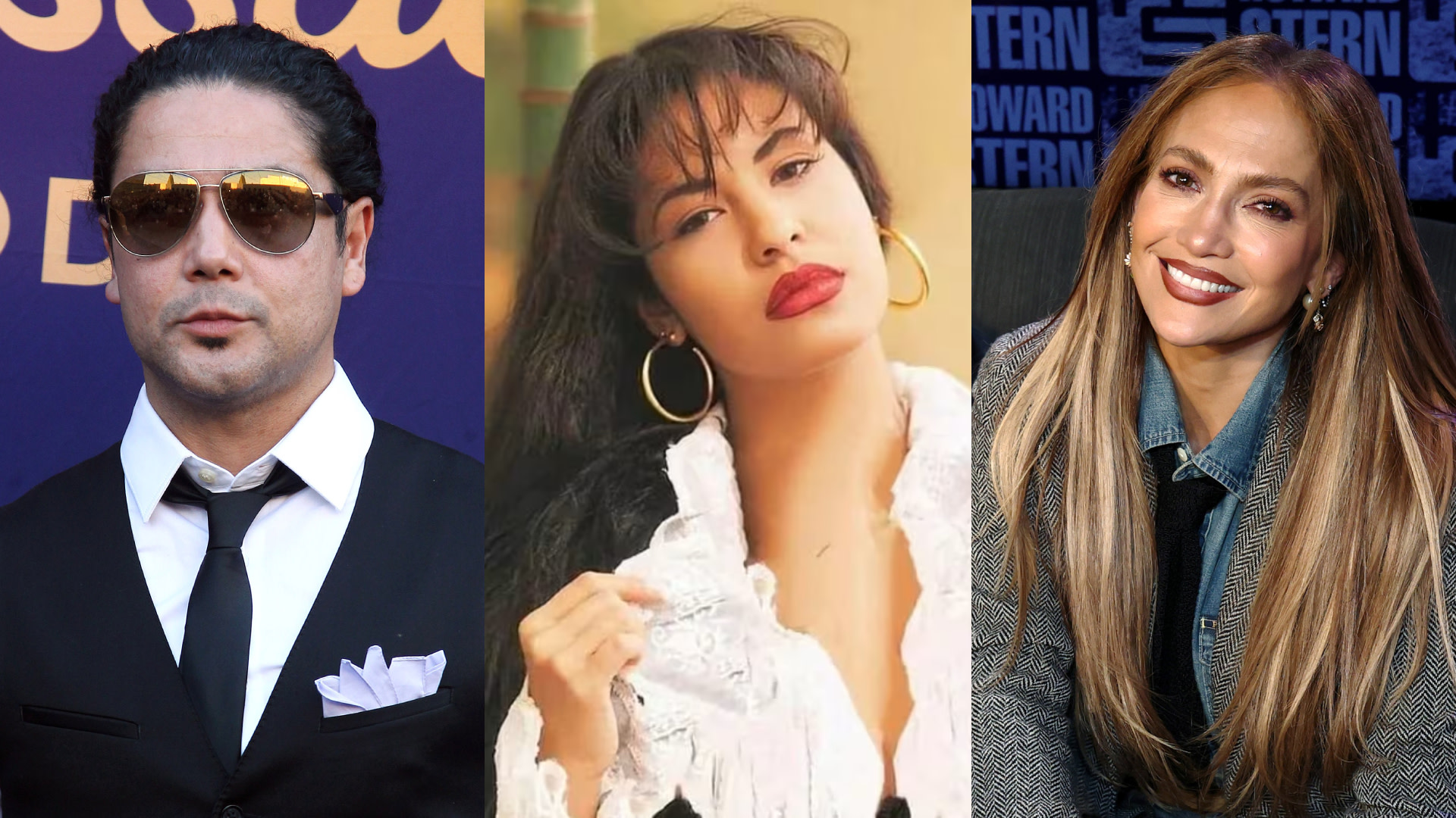 (L) Chris Pérez in a suit with sunglasses. (Center) Selena Quintanilla in a white blouse. (R) Jennifer Lopez smiling in a denim shirt.