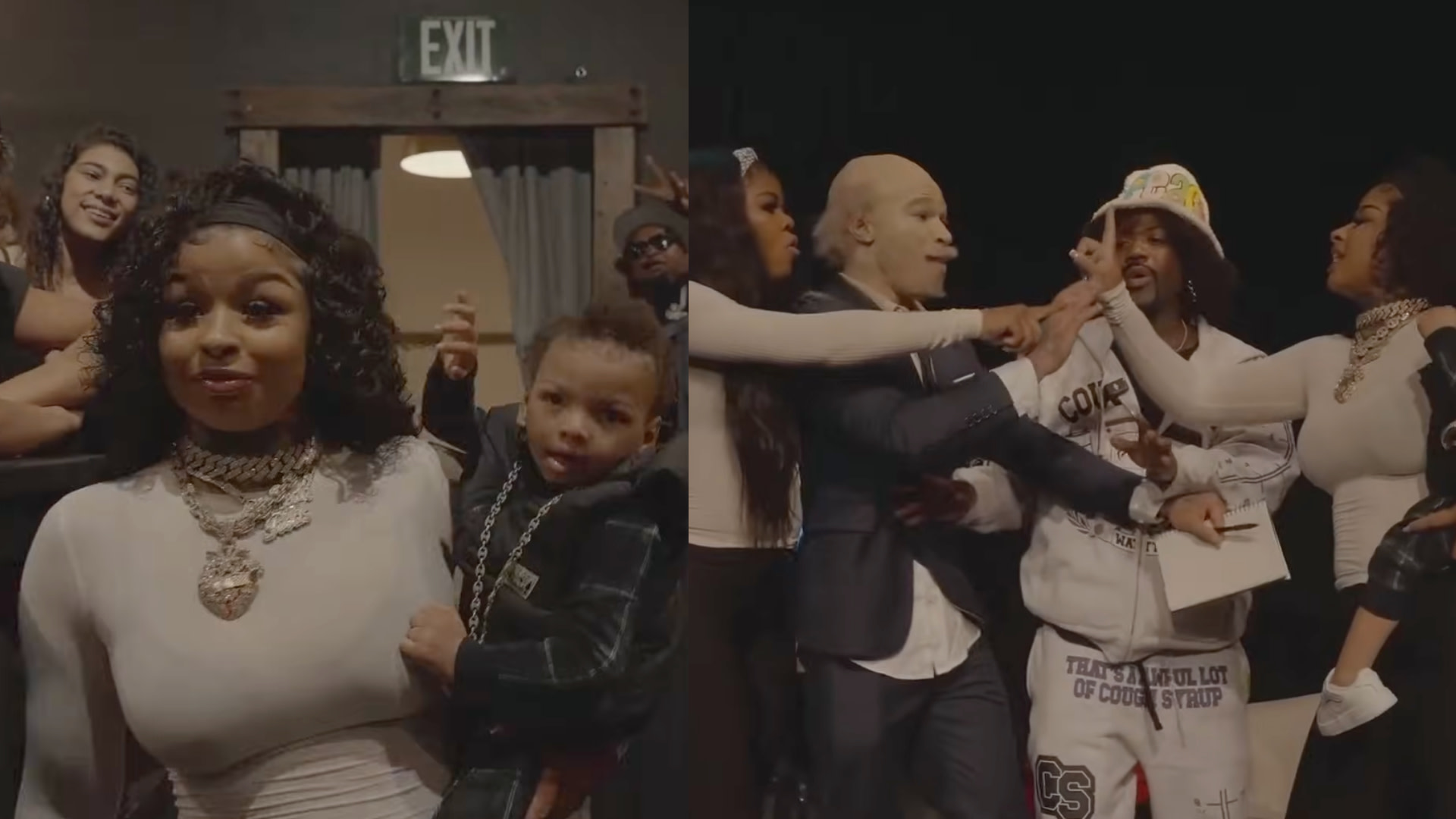 Chrisean Rock holding her son with people in the background on the left; a group of people in a heated discussion on the right.