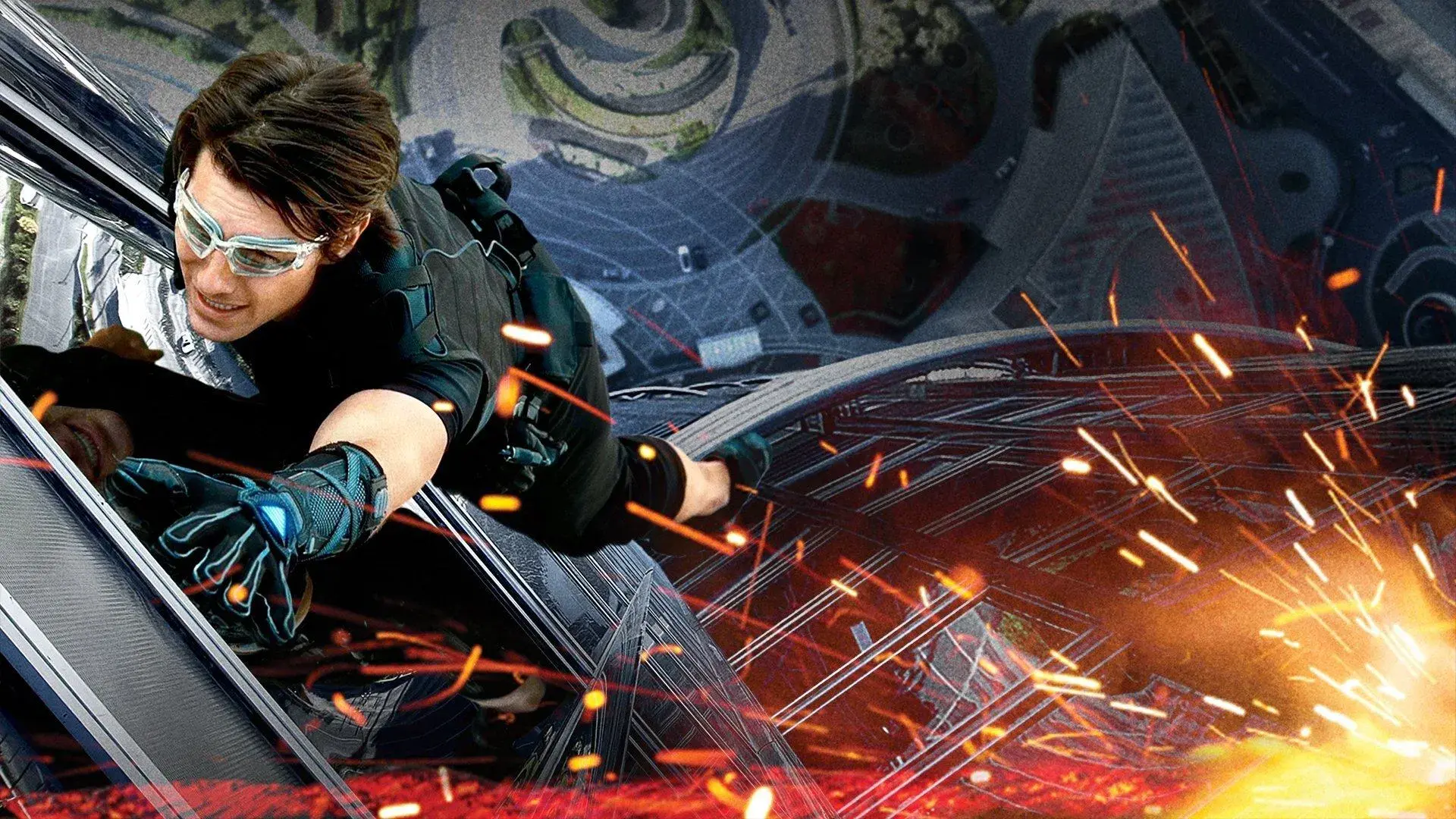 Tom Cruise climbing a skyscraper in an action scene, wearing gloves and goggles, with sparks flying around.