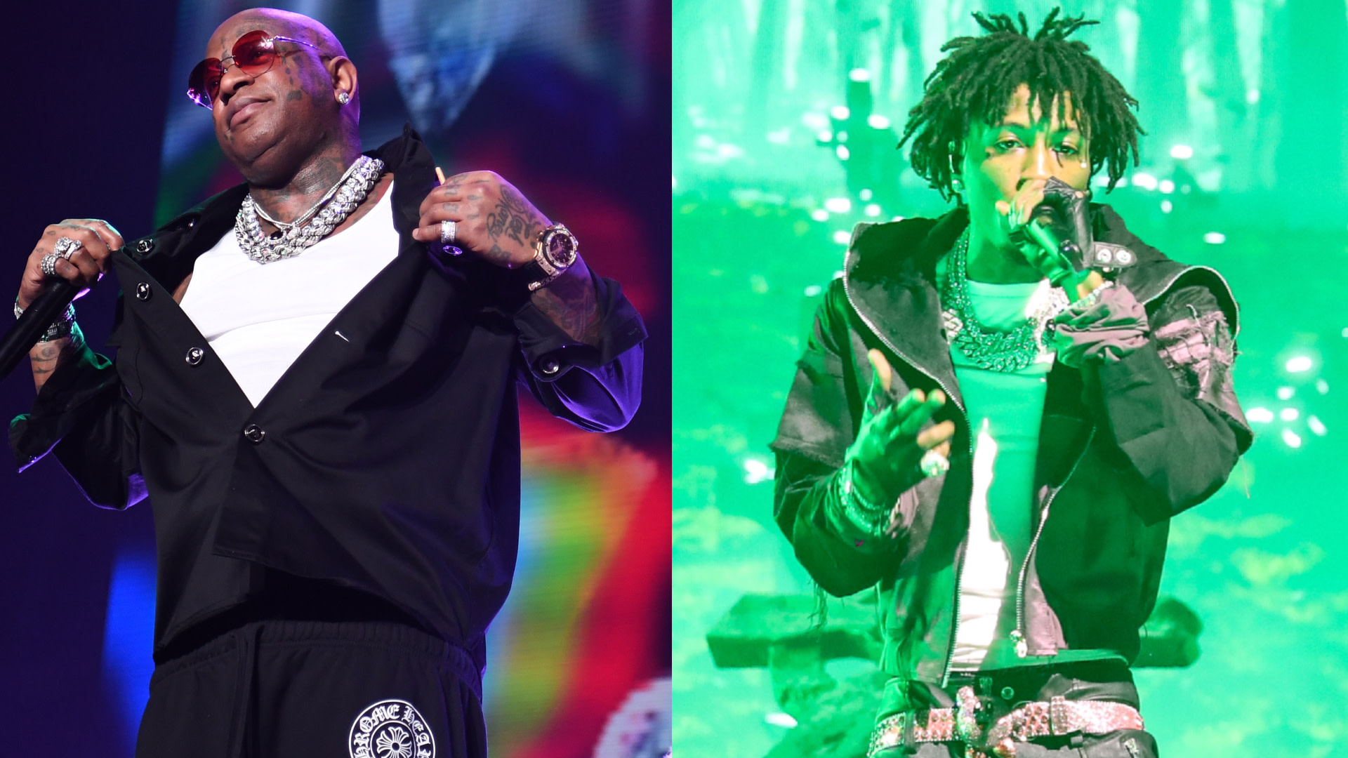 Birdman and NBA YoungBoy performing on stage, both wearing stylish outfits and jewelry, with vibrant lighting effects.