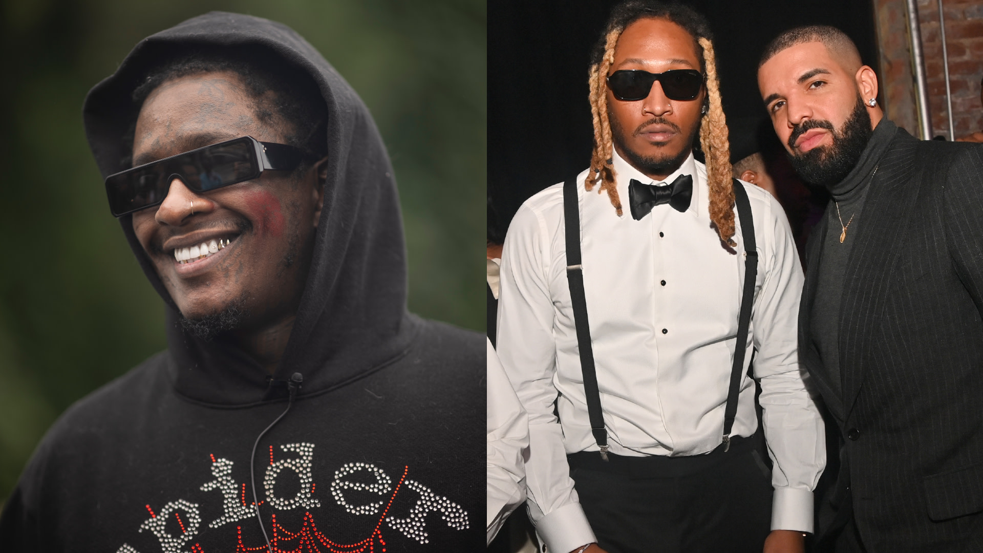 Young Thug in a hoodie and sunglasses; Future in a tuxedo with sunglasses; Drake in a suit, posing together.